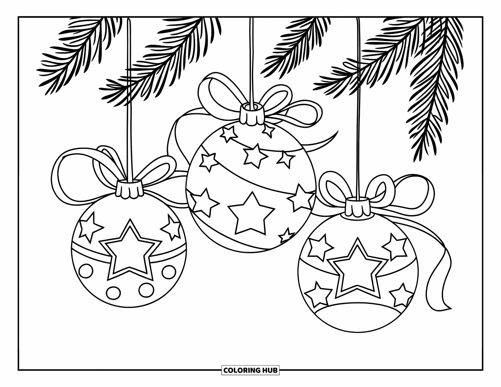 Christmas Ornaments Coloring Page for Kids: Three festive ornaments with stars and swirling ribbons