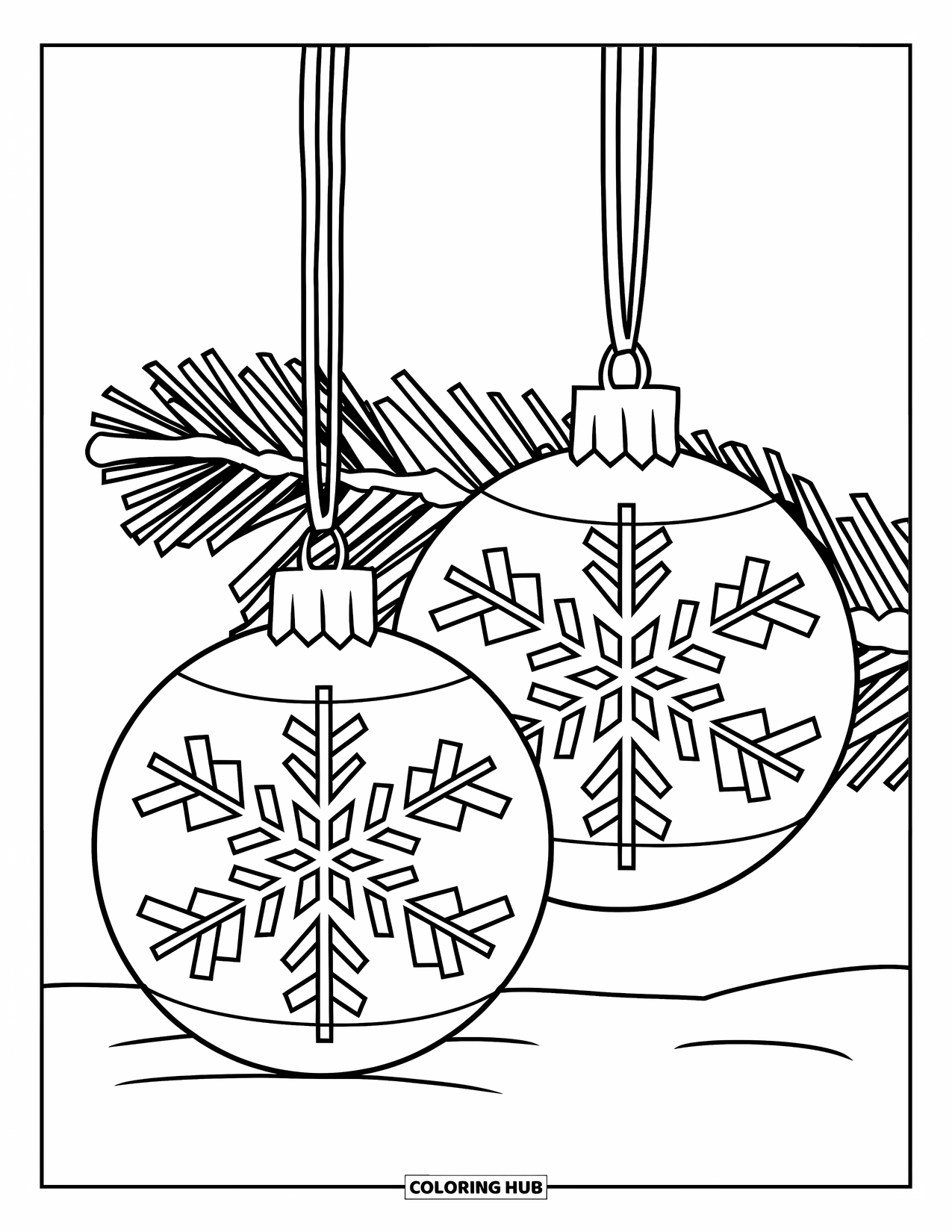 Christmas Ornaments Coloring Page for Kids: Two snowflake ornaments resting on snowy ground