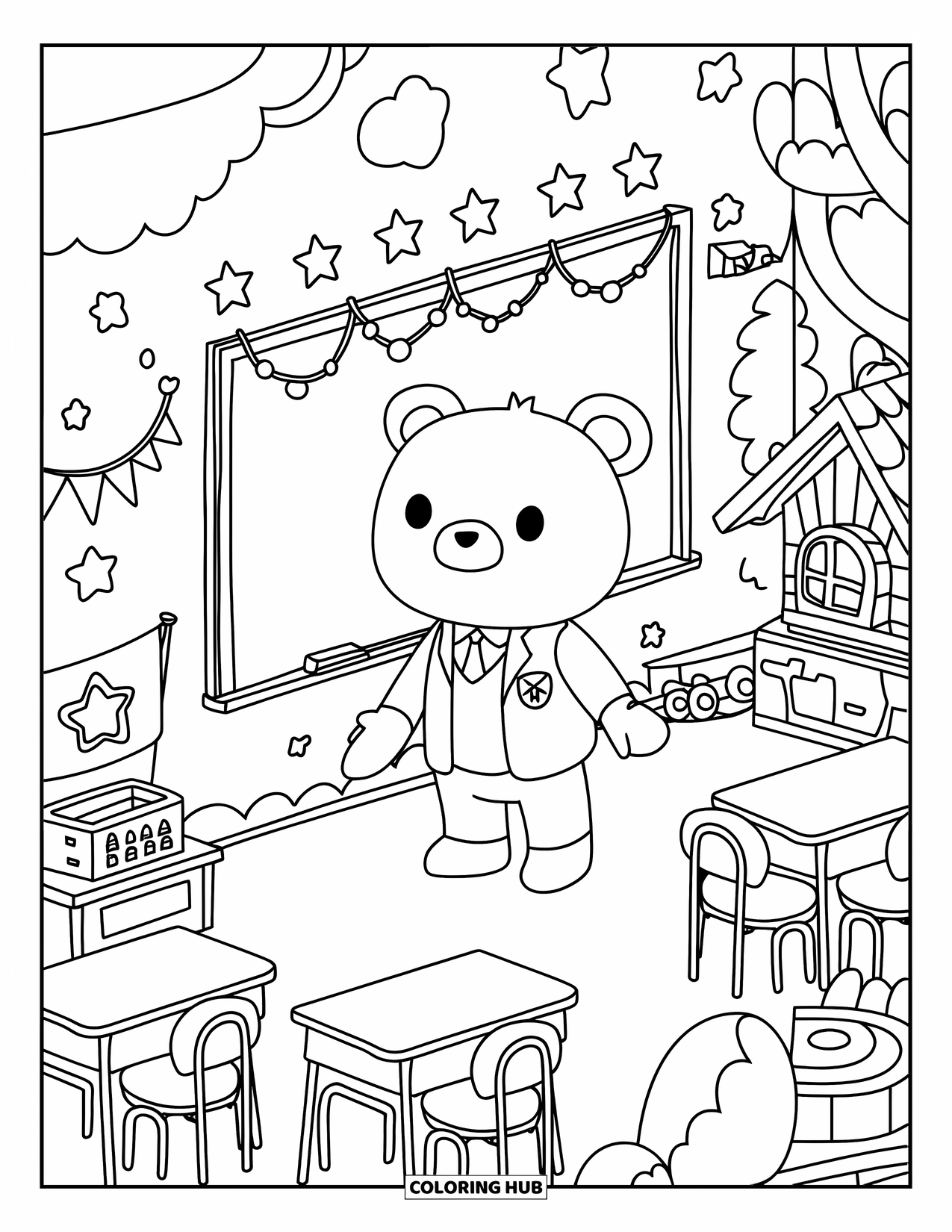Classroom Coloring Page for Adults: A bear teacher stands near a chalkboard with decorations