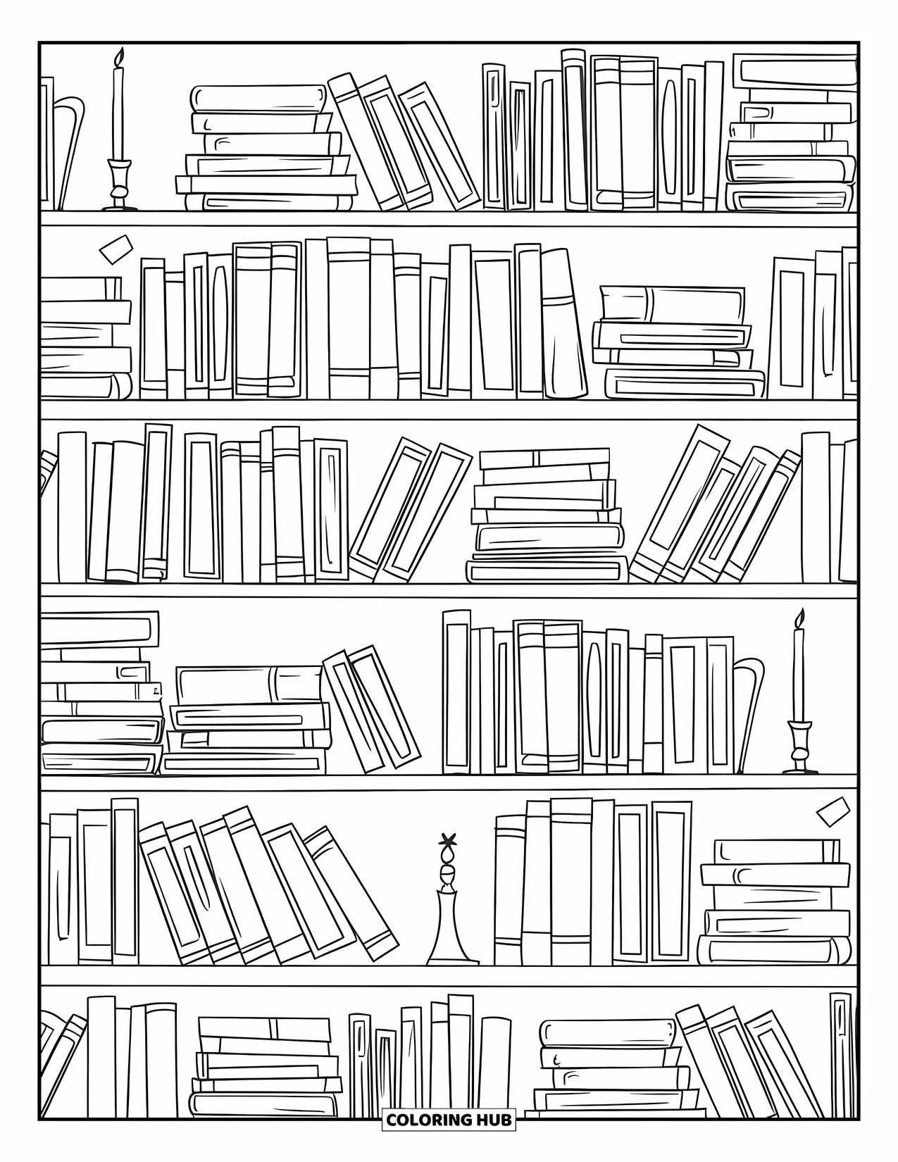 Classroom Coloring Page for Adults: A bookshelf design with books and small decorative items like a vase