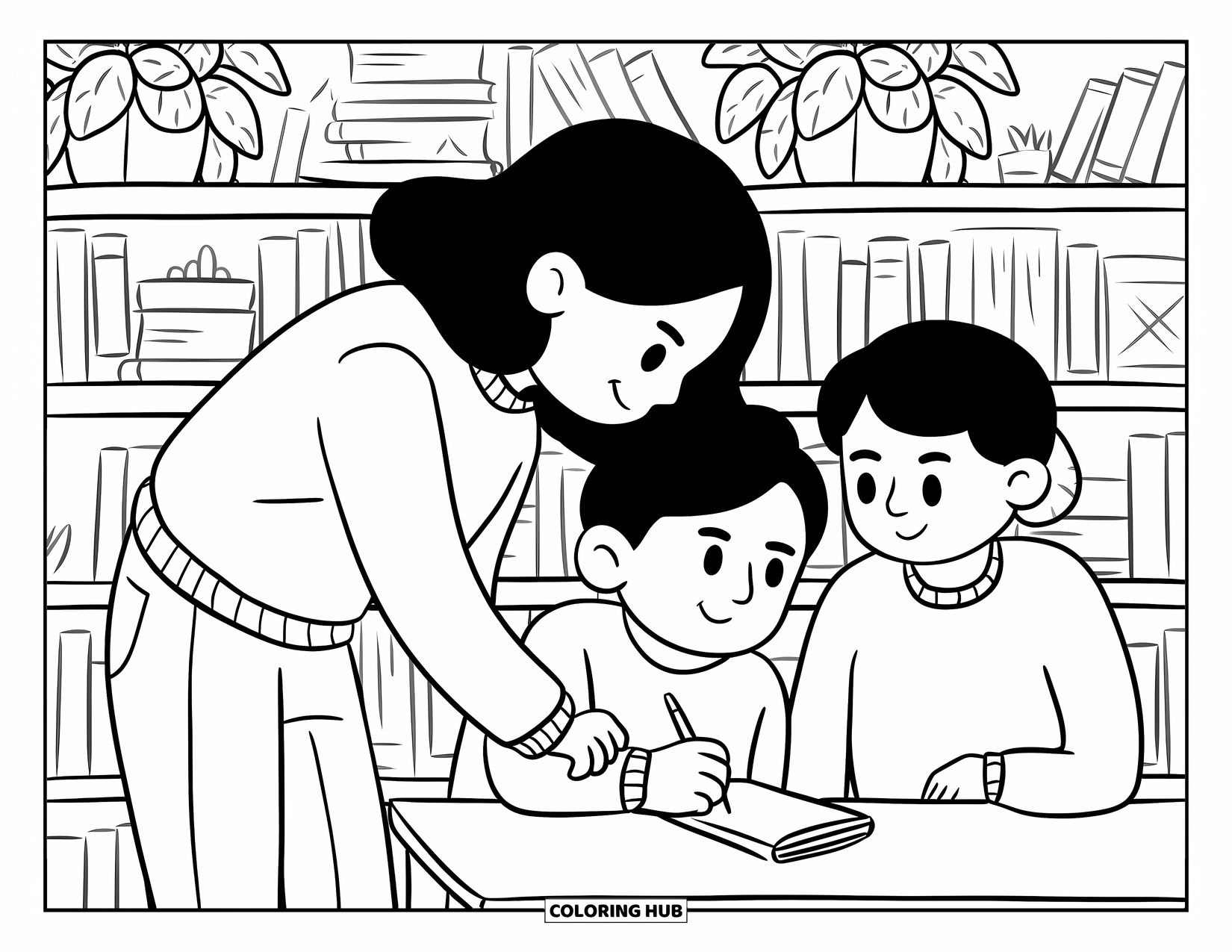 Classroom Coloring Page for Adults: A chibi teacher leans over a table to help a cheerful student write