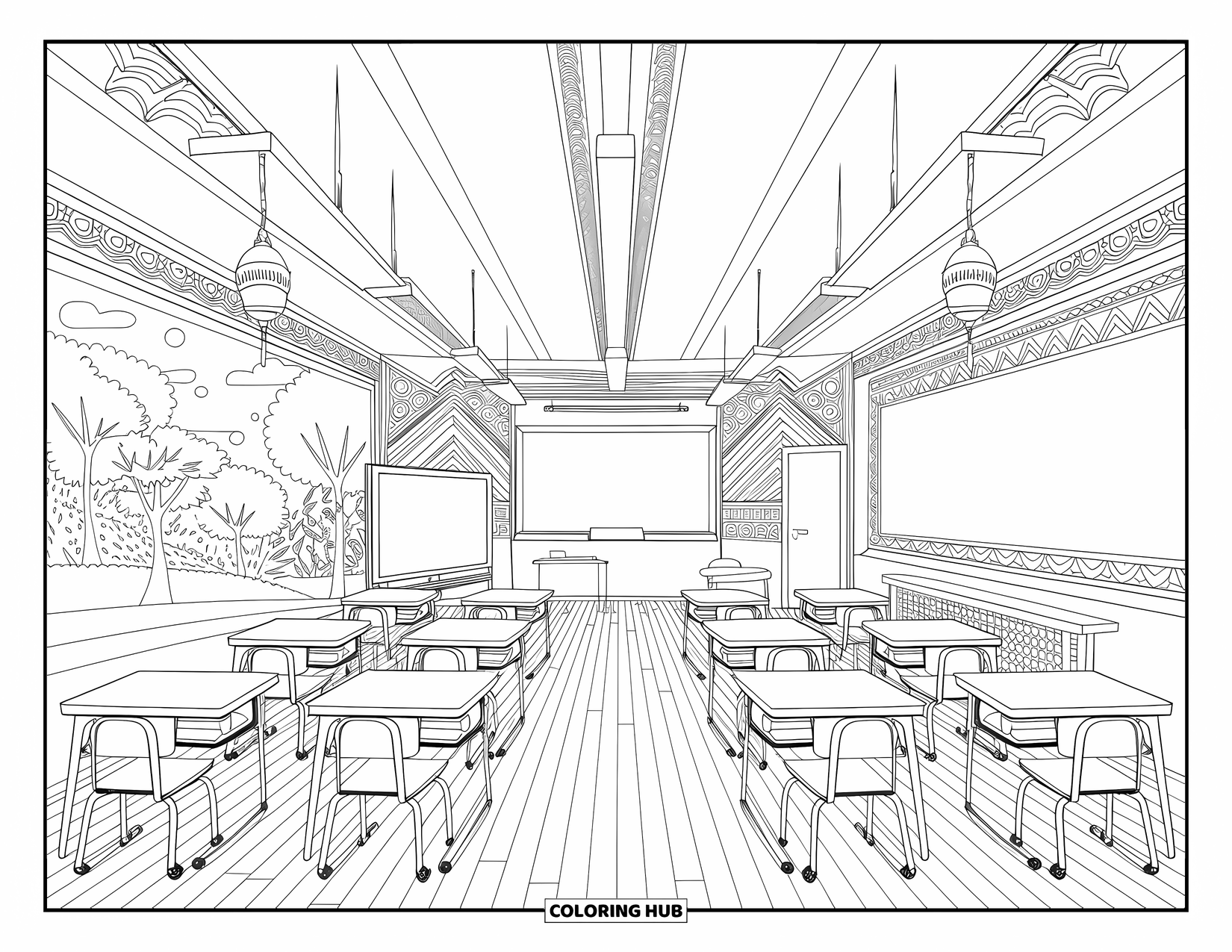 Classroom Coloring Page for Adults: A classroom with desks, lights, and artistic patterns in a peaceful setting