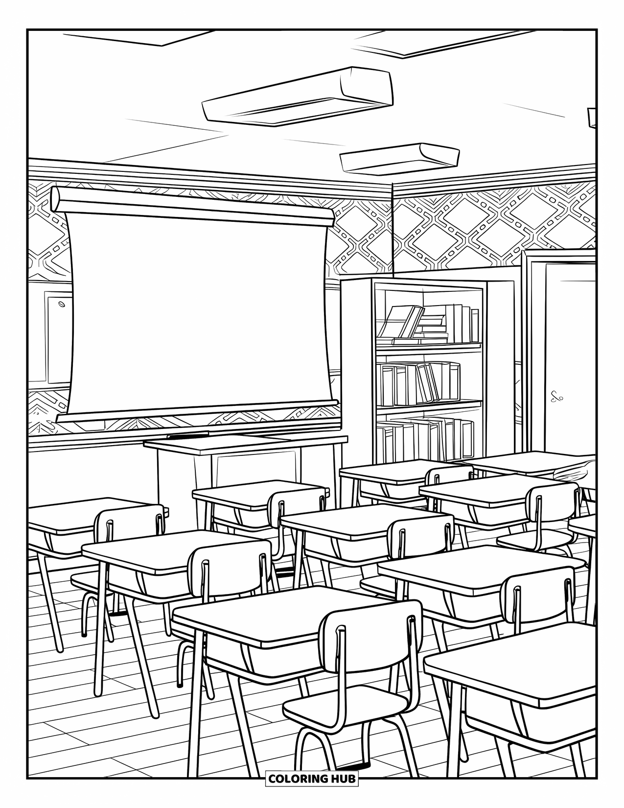 Classroom Coloring Page for Adults: A neat classroom with a projector, books, and patterned walls