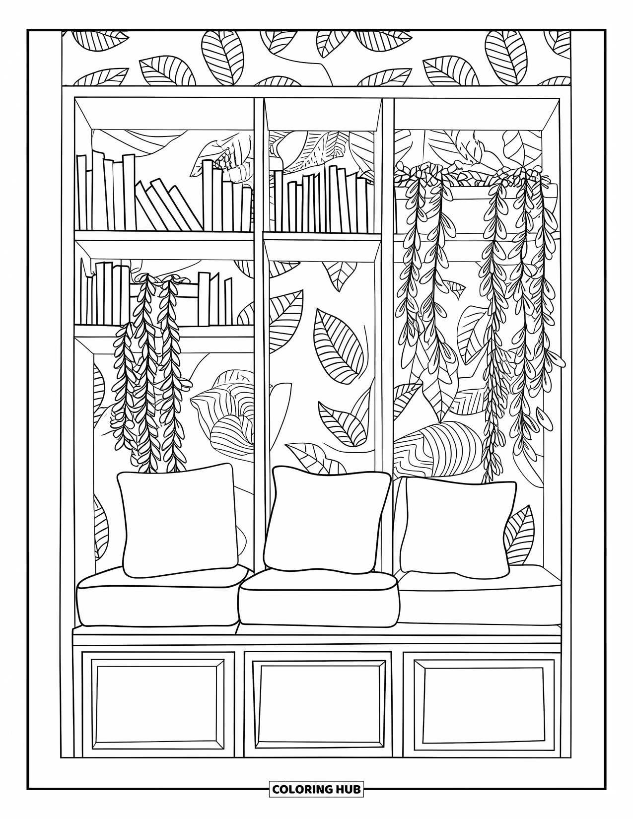 Classroom Coloring Page for Adults: A reading nook with a bench, bookshelves, and artistic hanging plants