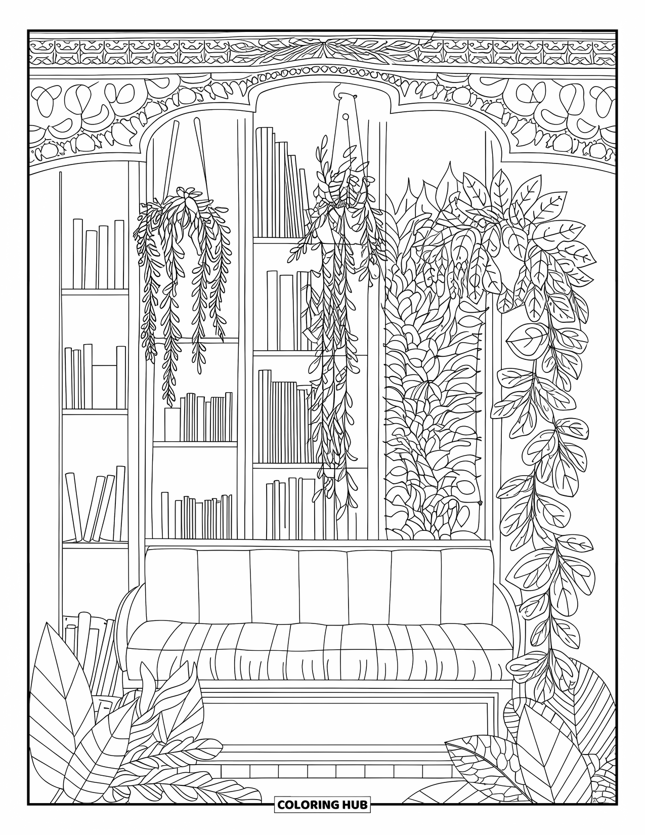 Classroom Coloring Page for Adults: A relaxing reading nook with bookshelves, plants, and a cozy bench