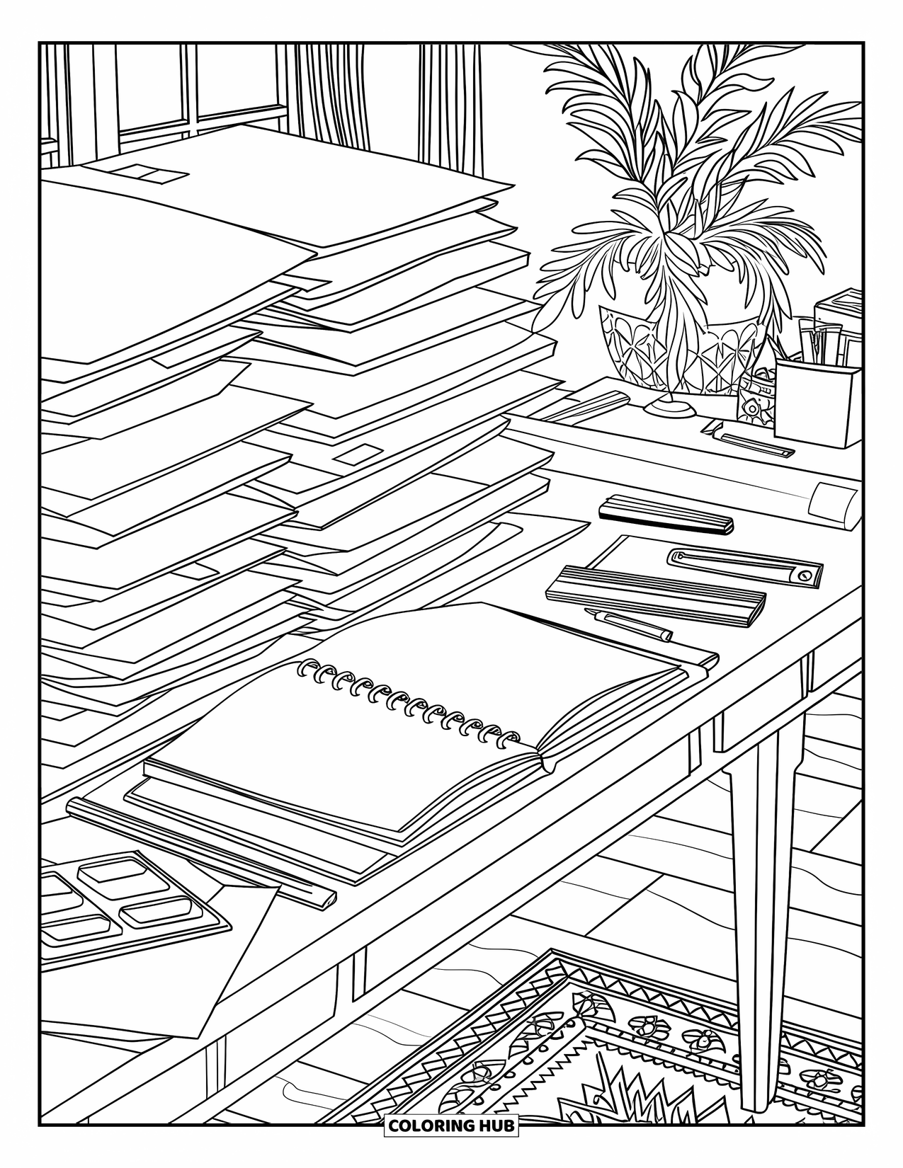Classroom Coloring Page for Adults: A tidy desk near a window with papers, supplies, and a plant