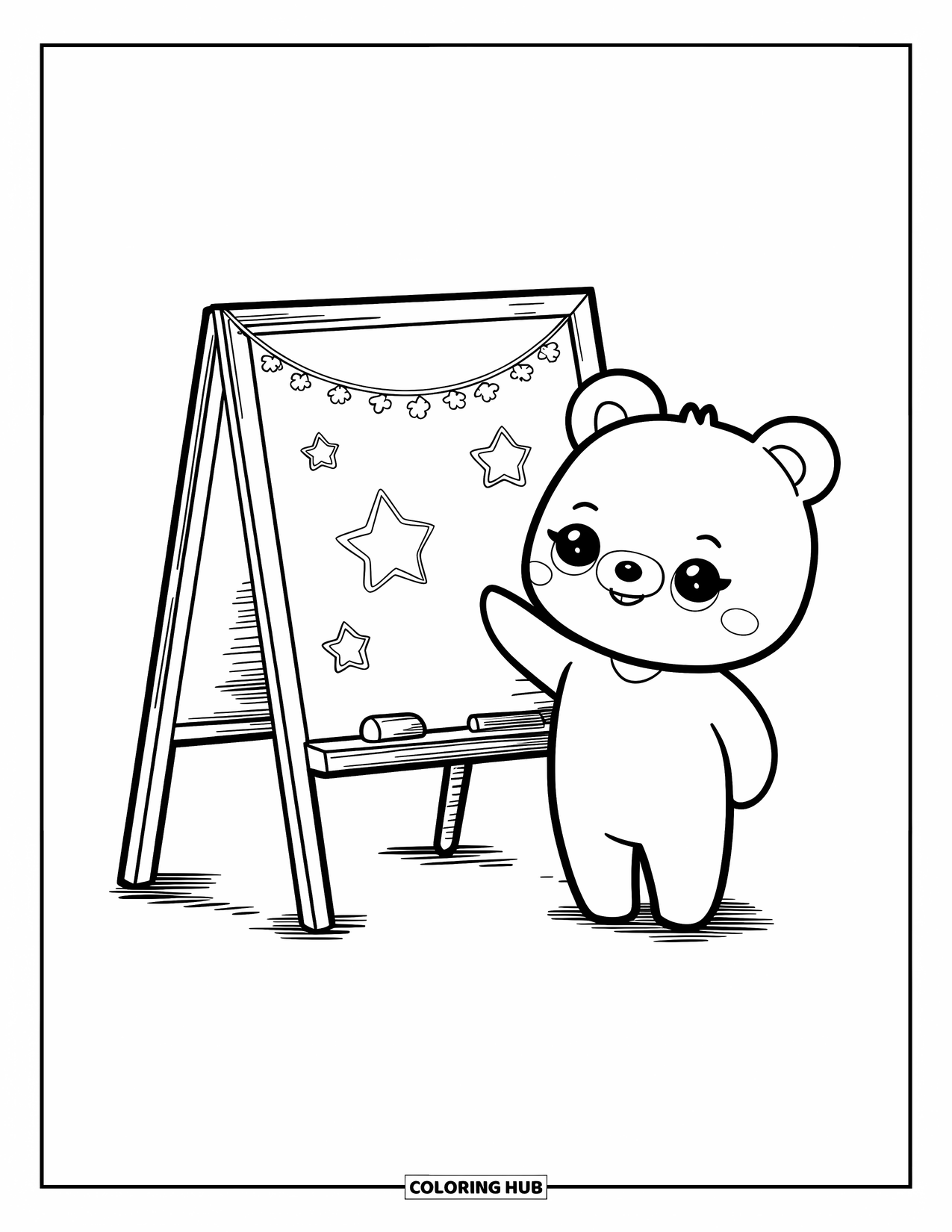 Classroom Coloring Page for Adults: A tiny bear teacher stands beside a chalkboard with stars