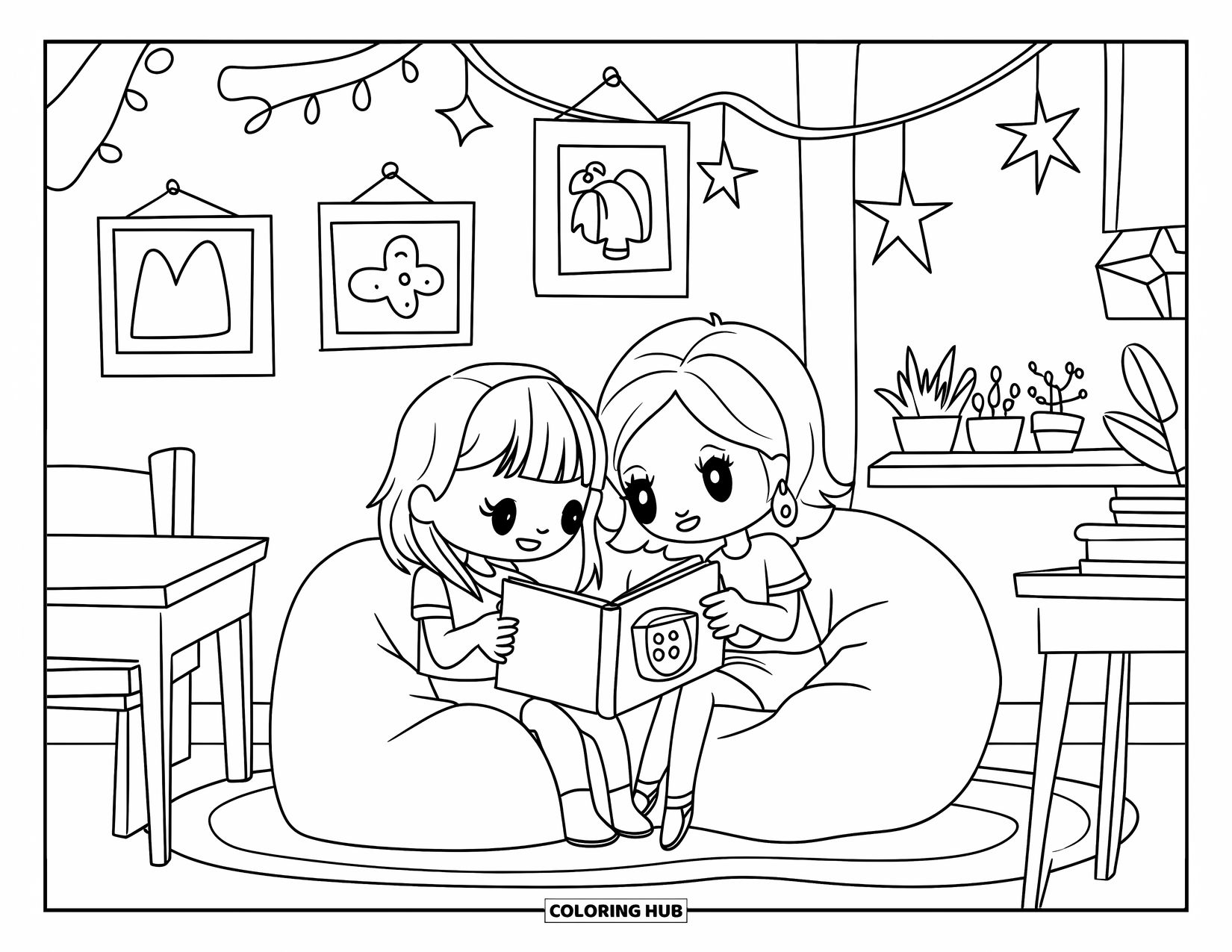 Classroom Coloring Page for Adults: Chibi friends relax on beanbags reading a book in a charming classroom space
