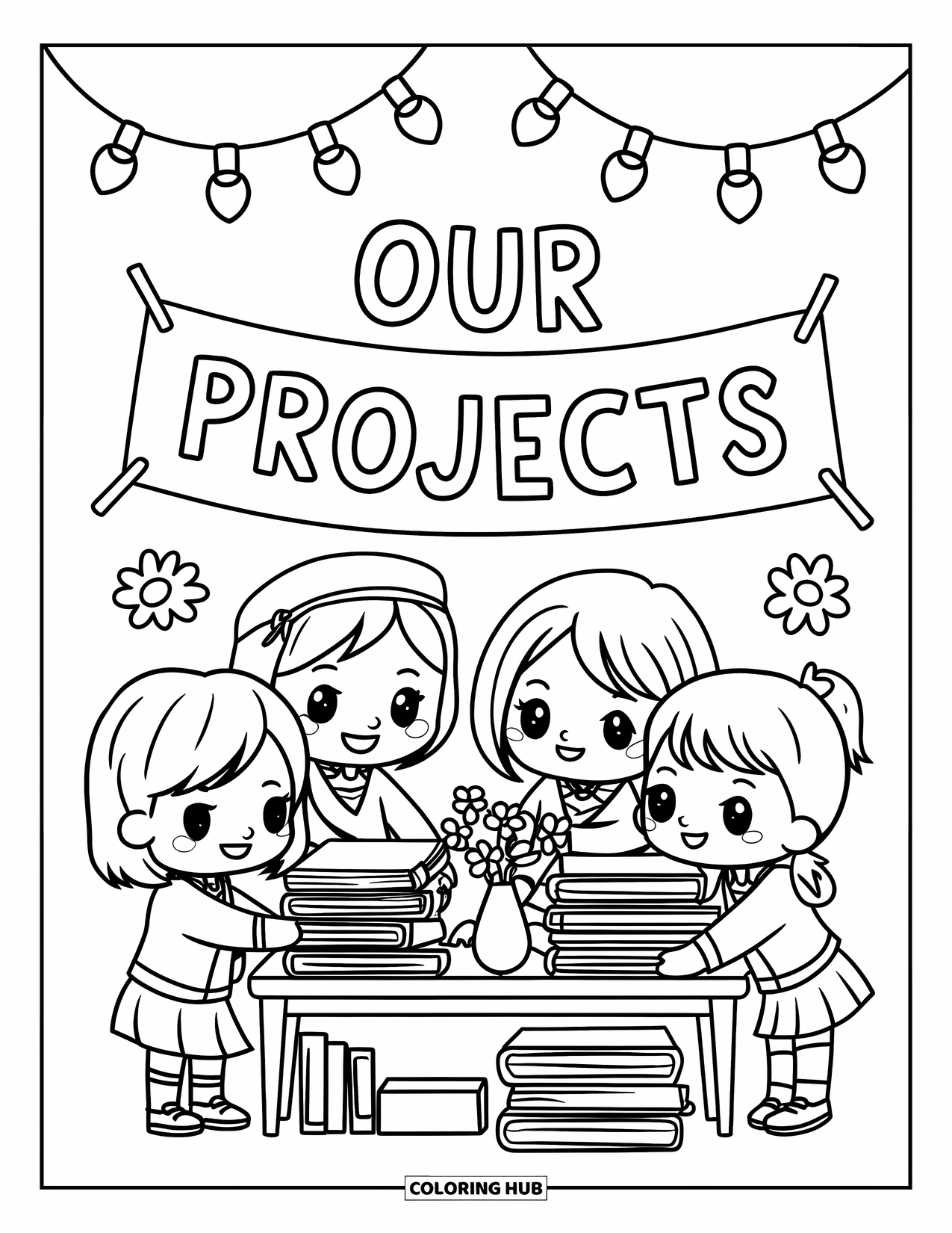 Classroom Coloring Page for Adults: Four chibi students decorate a class display table with books and flowers