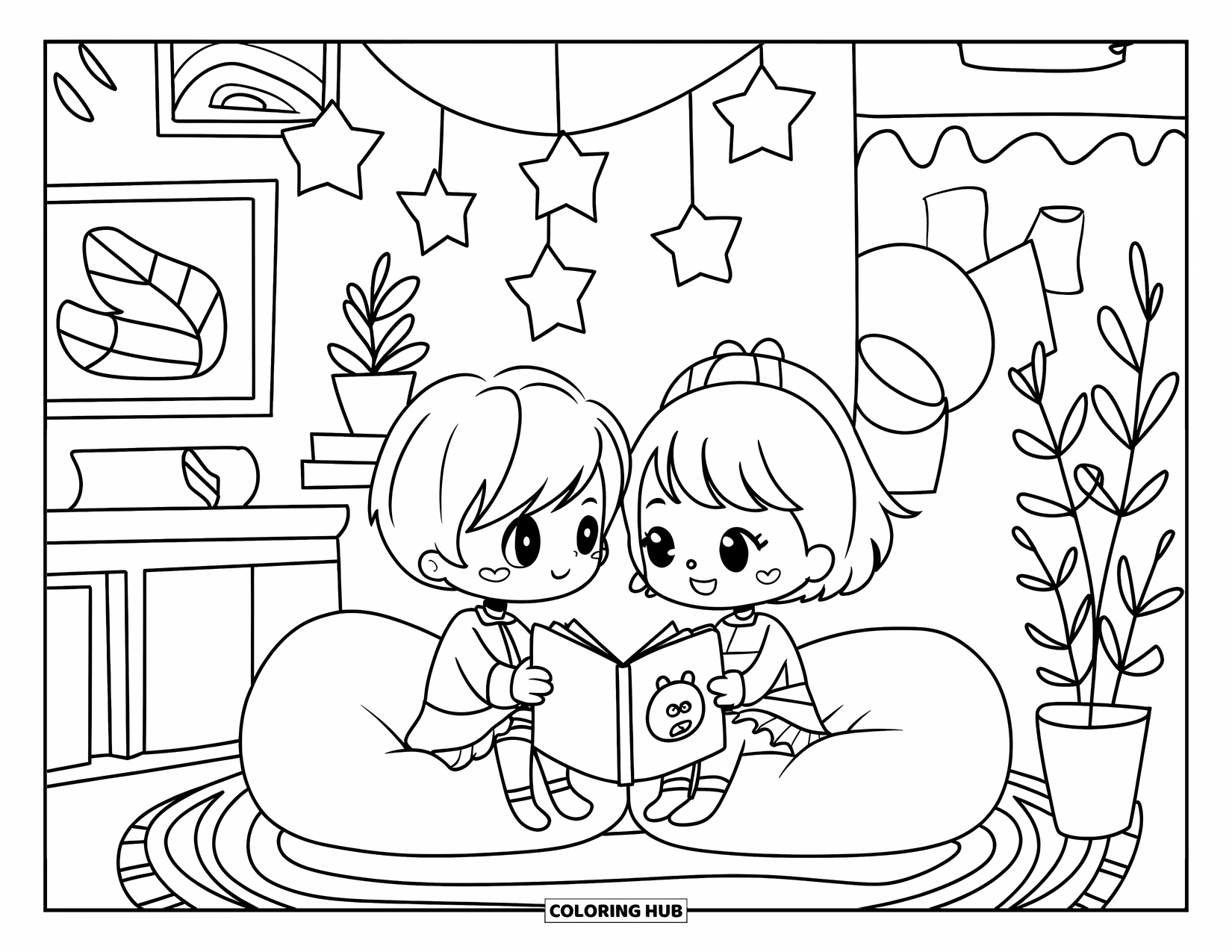 Classroom Coloring Page for Adults: Two chibi friends sit on beanbags sharing a book in a cozy classroom corner