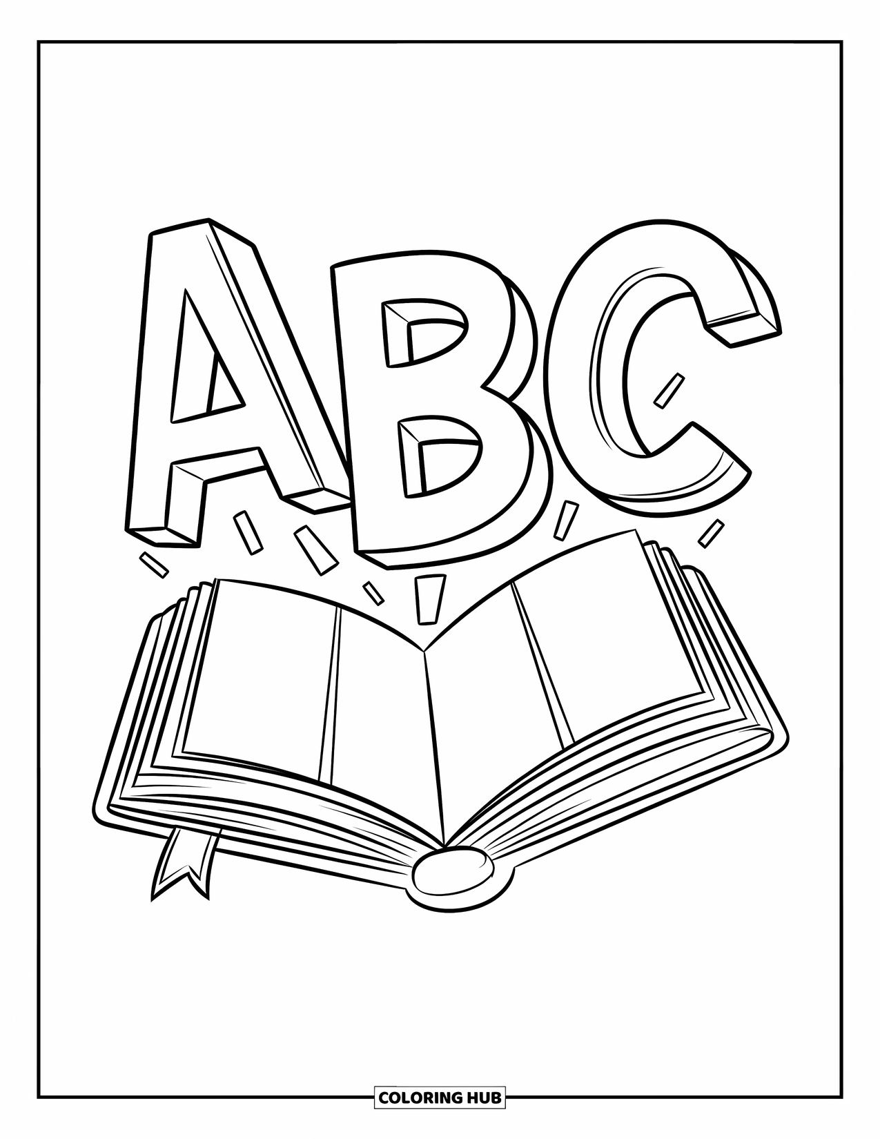 Classroom Coloring Page for Kids: A book titled ìABCî with large alphabet letters floating above it