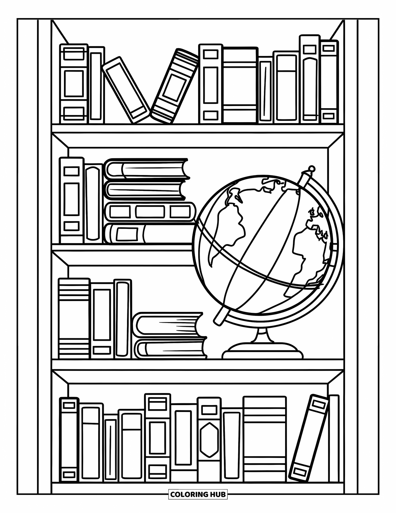 Classroom Coloring Page for Kids: A bookshelf filled with books and a globe resting on the top shelf