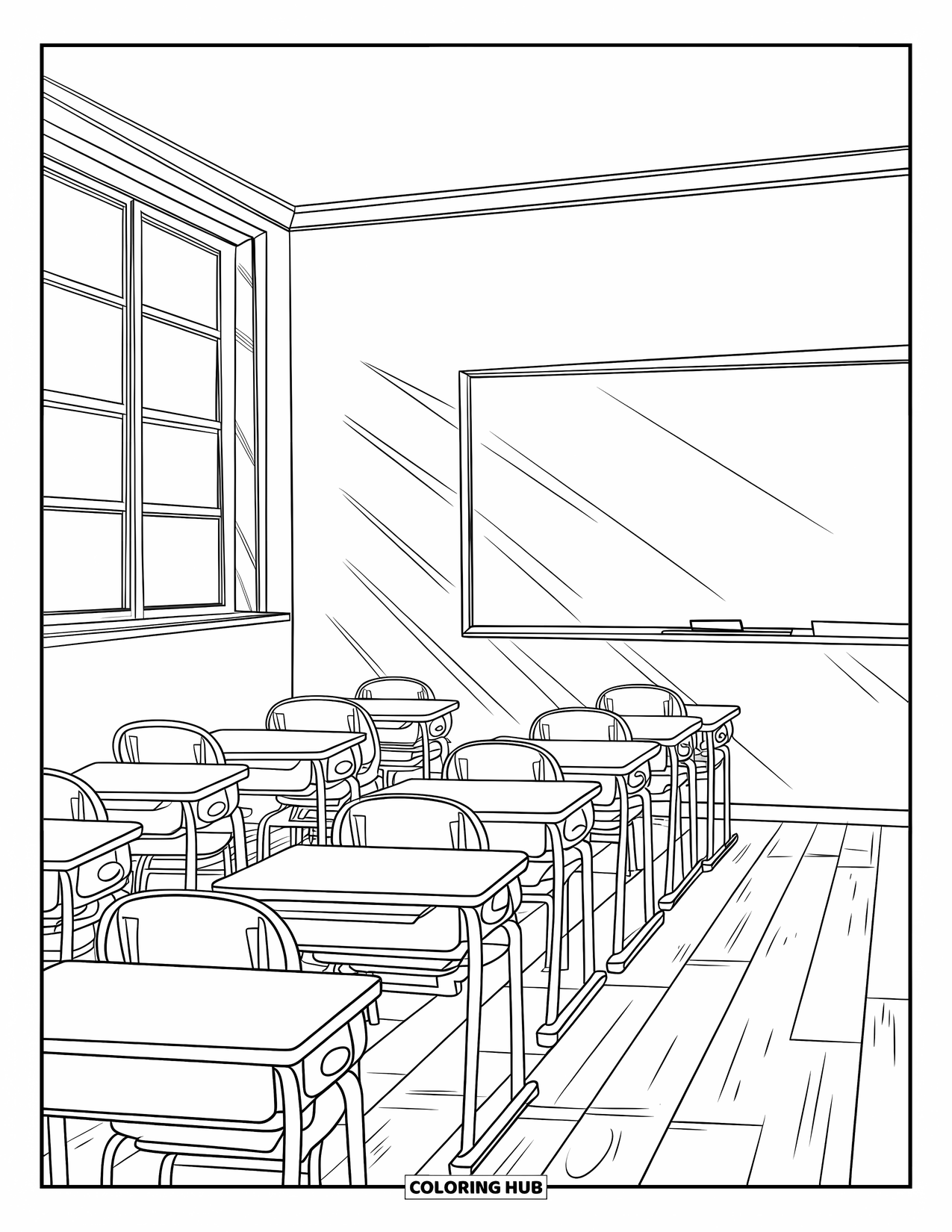 Classroom Coloring Page for Kids: A bright classroom with desks, chairs, and a large front chalkboard