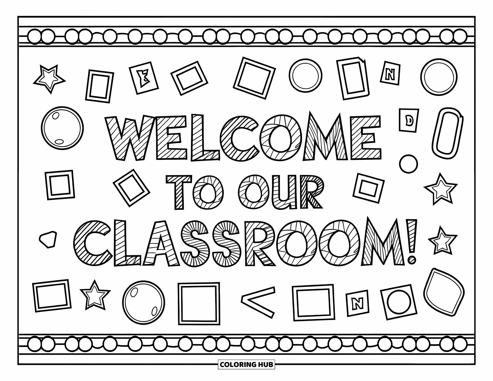 Classroom Coloring Page for Kids: A cheerful bulletin board with shapes and a ìWelcome to our Classroomî banner