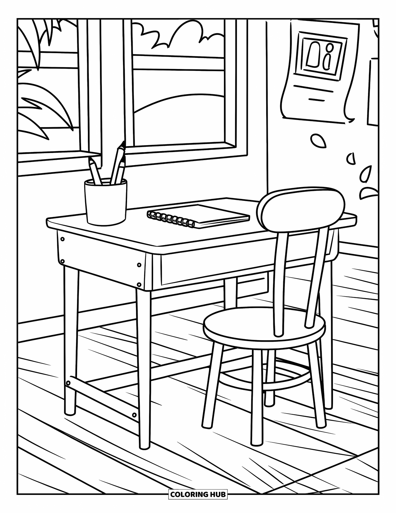 Classroom Coloring Page for Kids: A cheerful desk scene with a notebook, pencil, and wooden floor