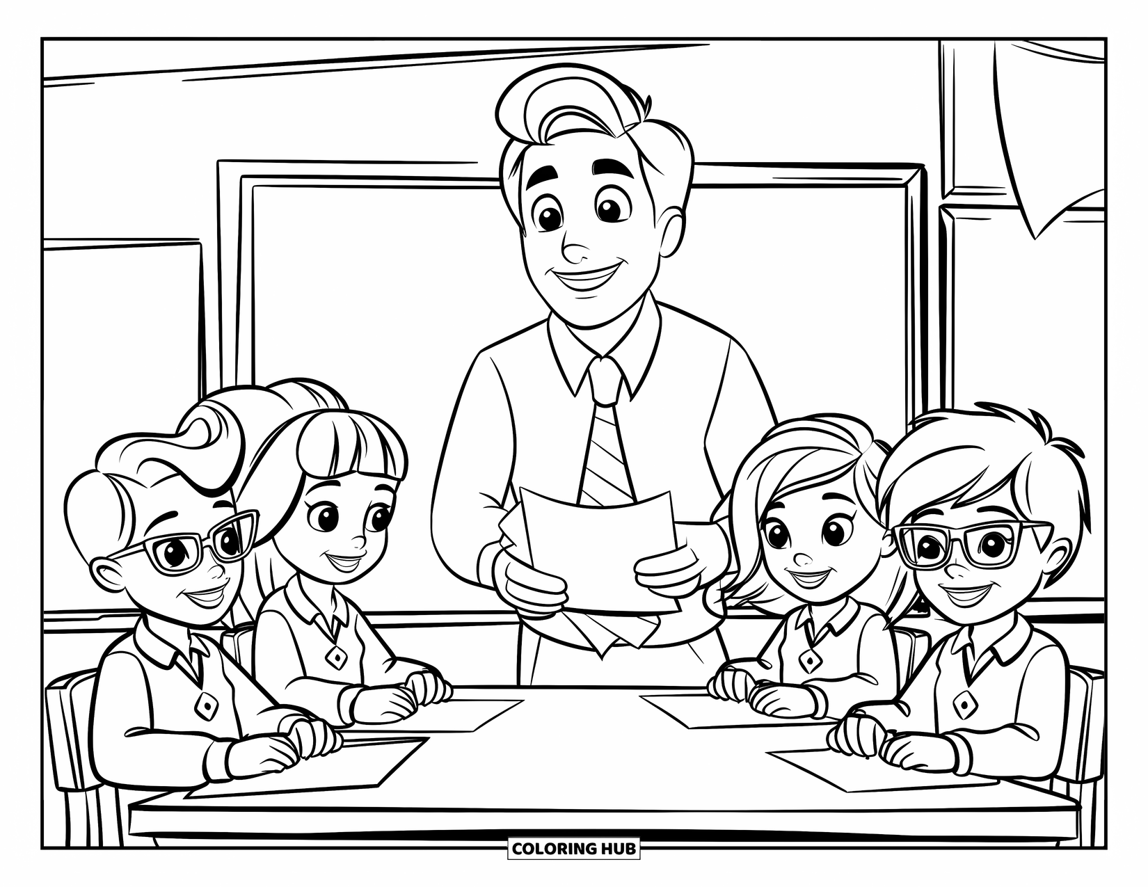 Classroom Coloring Page for Kids: A cheerful teacher shares papers with students around a table