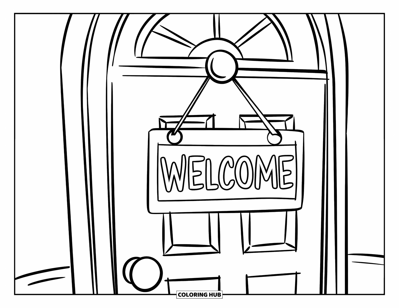 Classroom Coloring Page for Kids: A classroom door with a welcome sign and a circular window above it