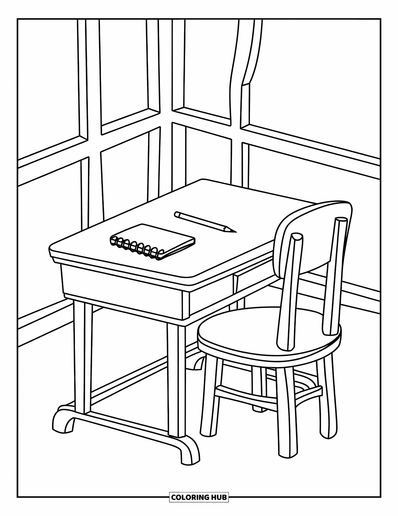 Classroom Coloring Page for Kids: A cozy room with a desk, chair, pencil, and notebook near a window
