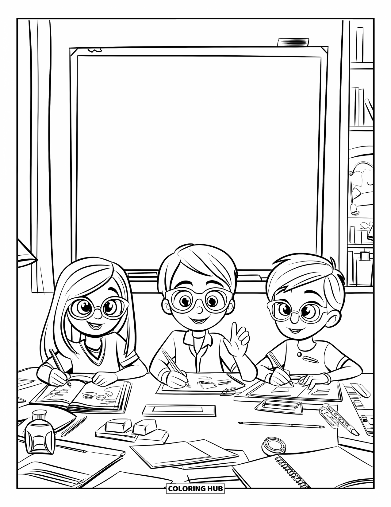 Classroom Coloring Page for Kids: A group of students collaborates at a table filled with supplies and ideas