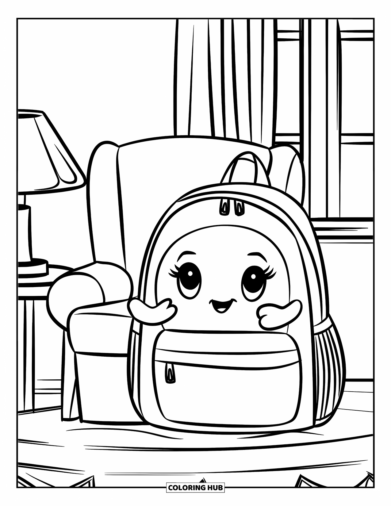 Classroom Coloring Page for Kids: A happy backpack with arms rests beside a chair and table in a cozy room