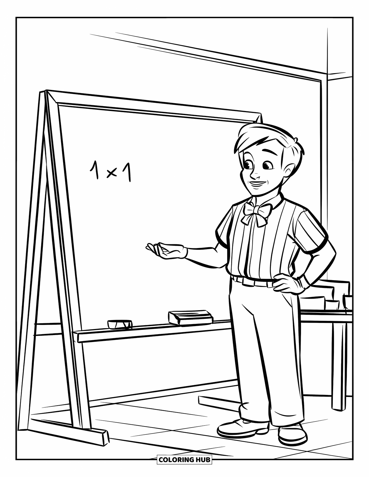 Classroom Coloring Page for Kids: A smiling teacher stands near a chalkboard with a math problem