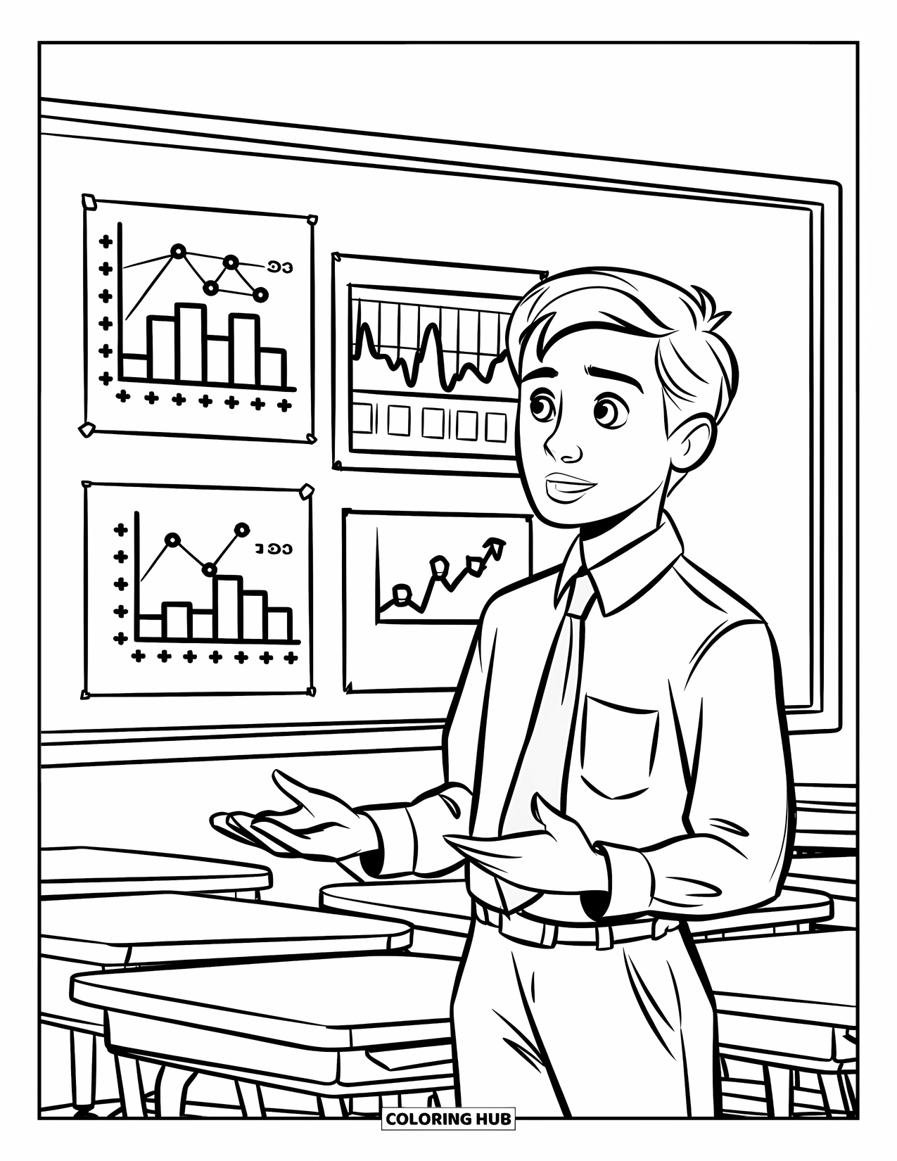 Classroom Coloring Page for Kids: A student gives a classroom presentation beside a board filled with charts