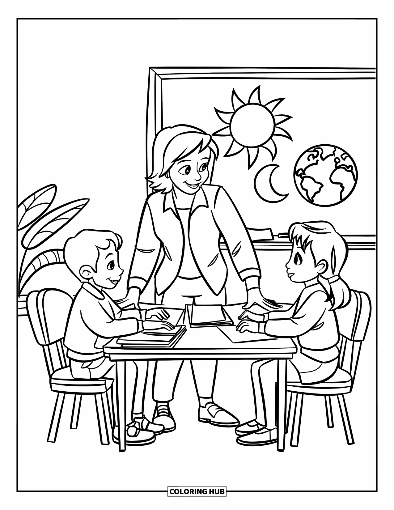 Classroom Coloring Page for Kids: A teacher guides two students during a project about the sun, earth, and moon
