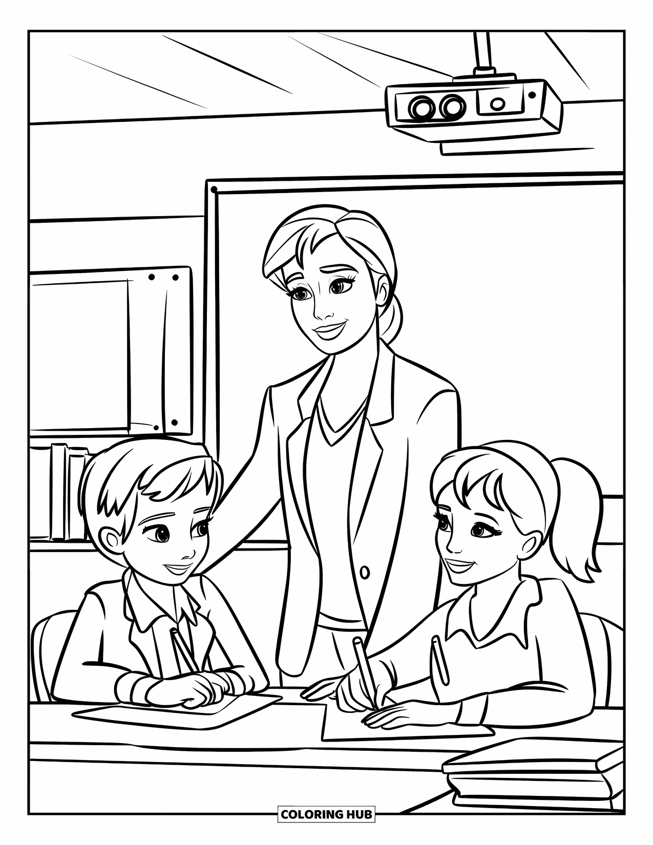 Classroom Coloring Page for Kids: A teacher helps two students work together on a fun group project