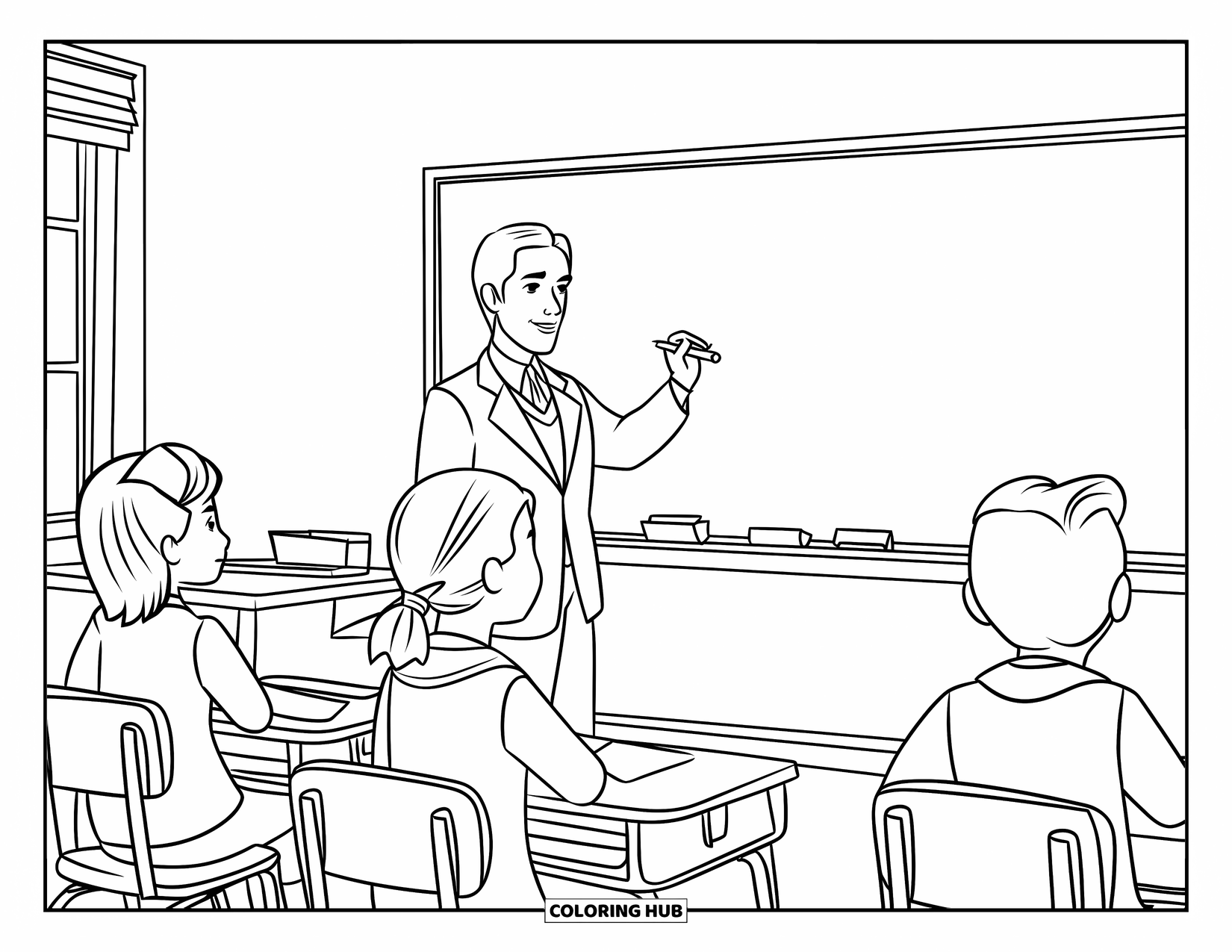 Classroom Coloring Page for Kids: A teacher writes on a chalkboard while students sit at their desks
