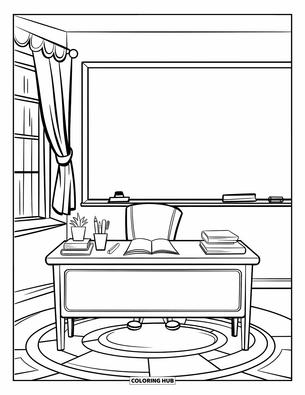 Classroom Coloring Page for Kids: A teacherís desk with books and a plant in front of a chalkboard