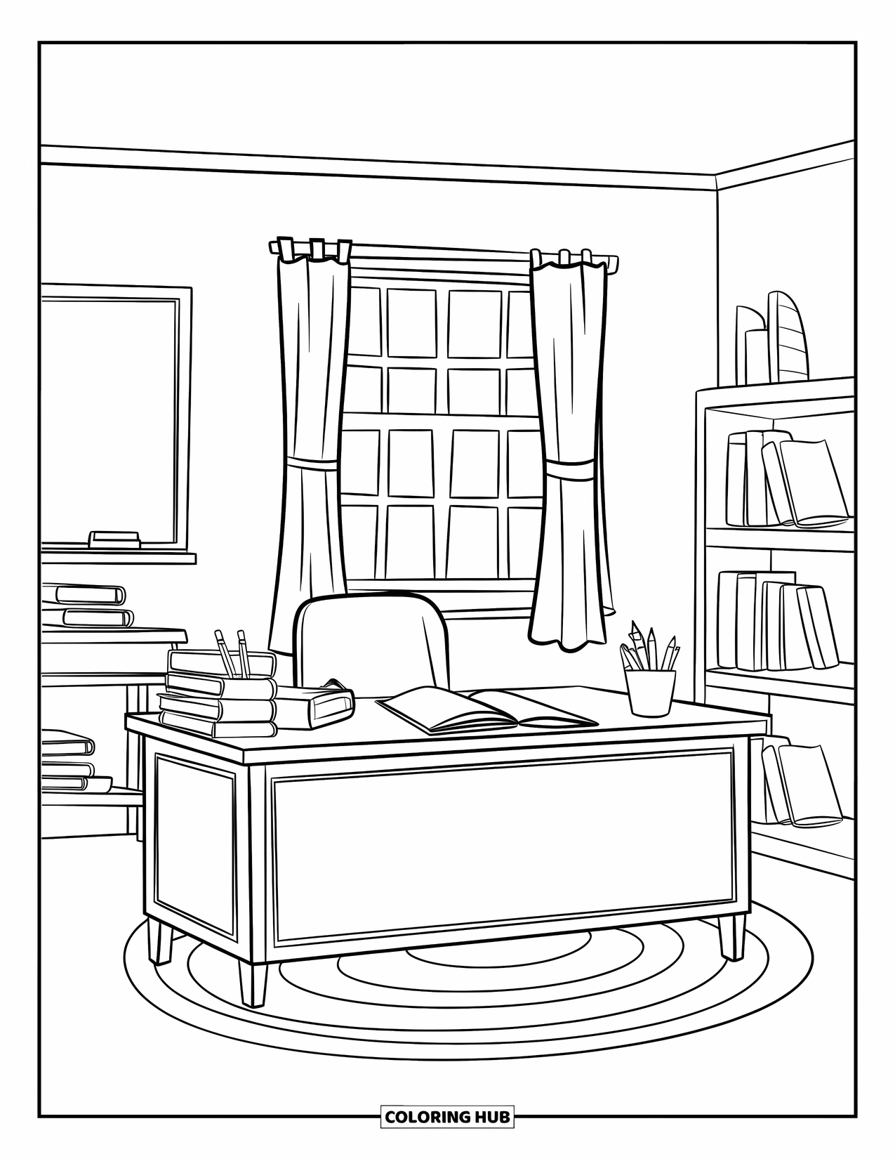 Classroom Coloring Page for Kids: A tidy classroom desk with books, pencils, a plant, and a nearby bookshelf