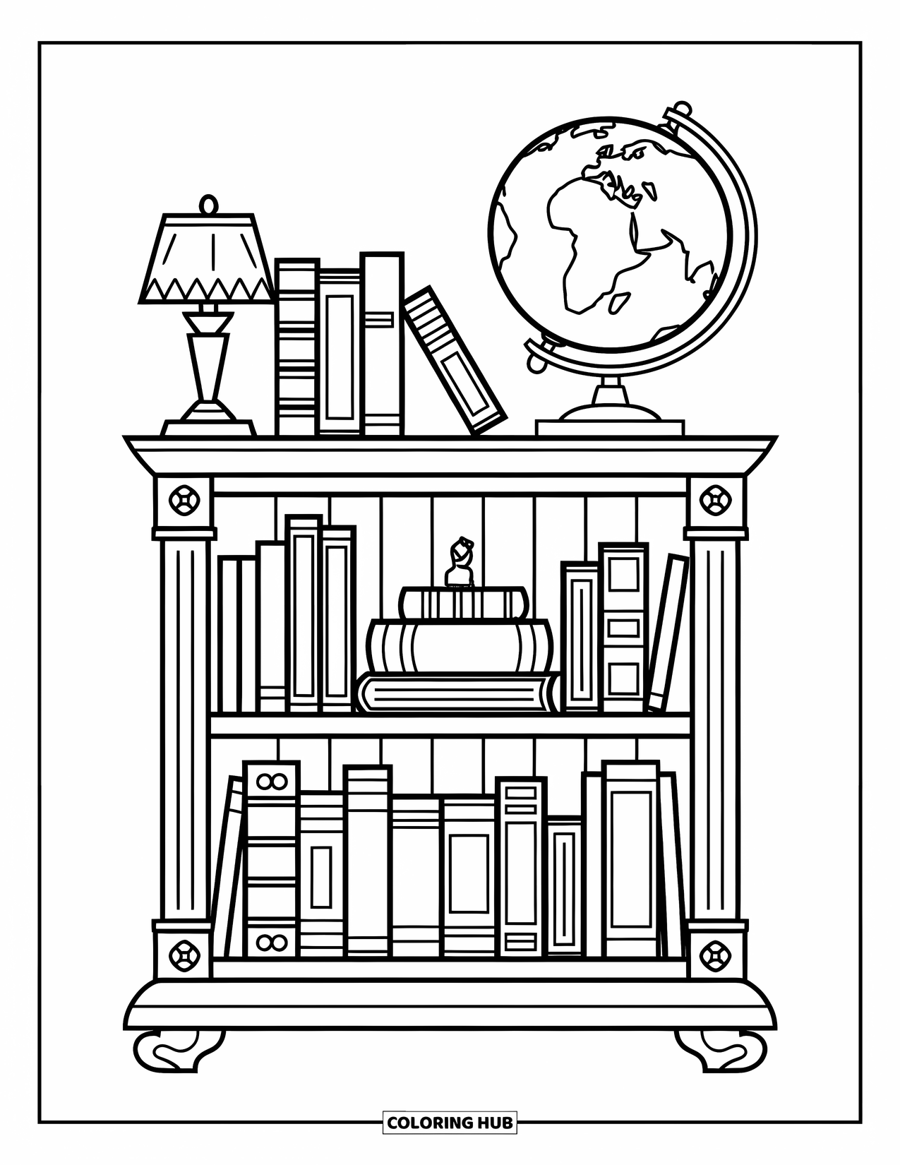 Classroom Coloring Page for Kids: A wooden bookshelf filled with books, a globe, and small decorations