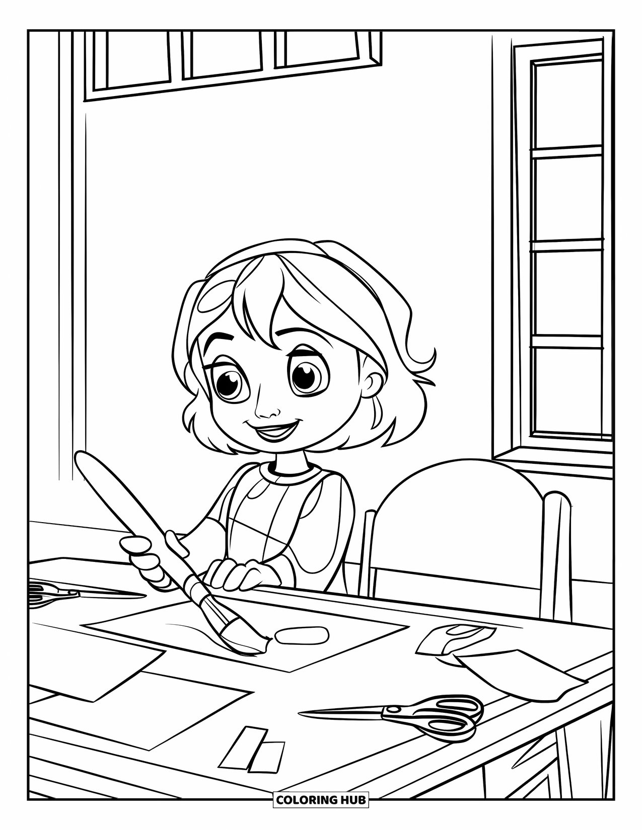 Classroom Coloring Page for Kids: An art table filled with scissors, paper, glue, and a paintbrush