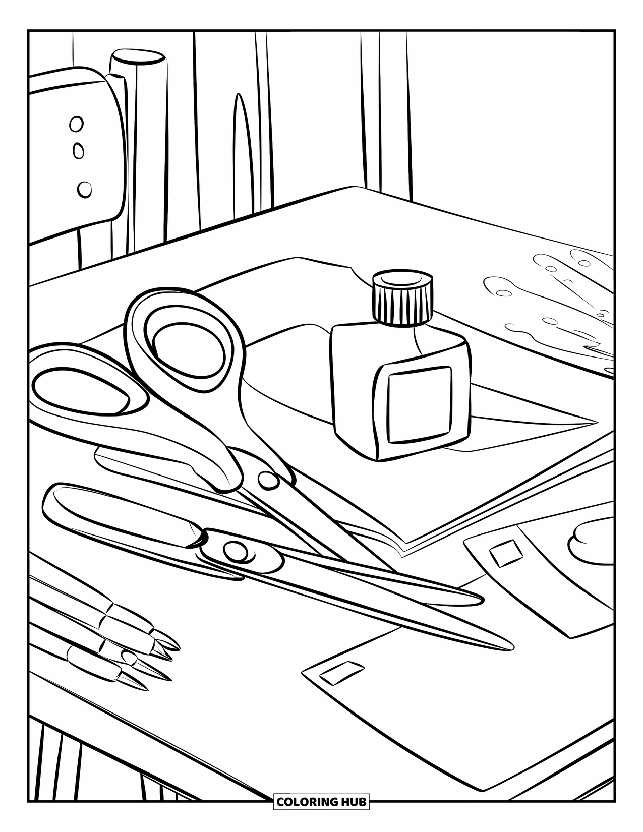 Classroom Coloring Page for Kids: An art table with scissors, paper, and glue ready for a fun project