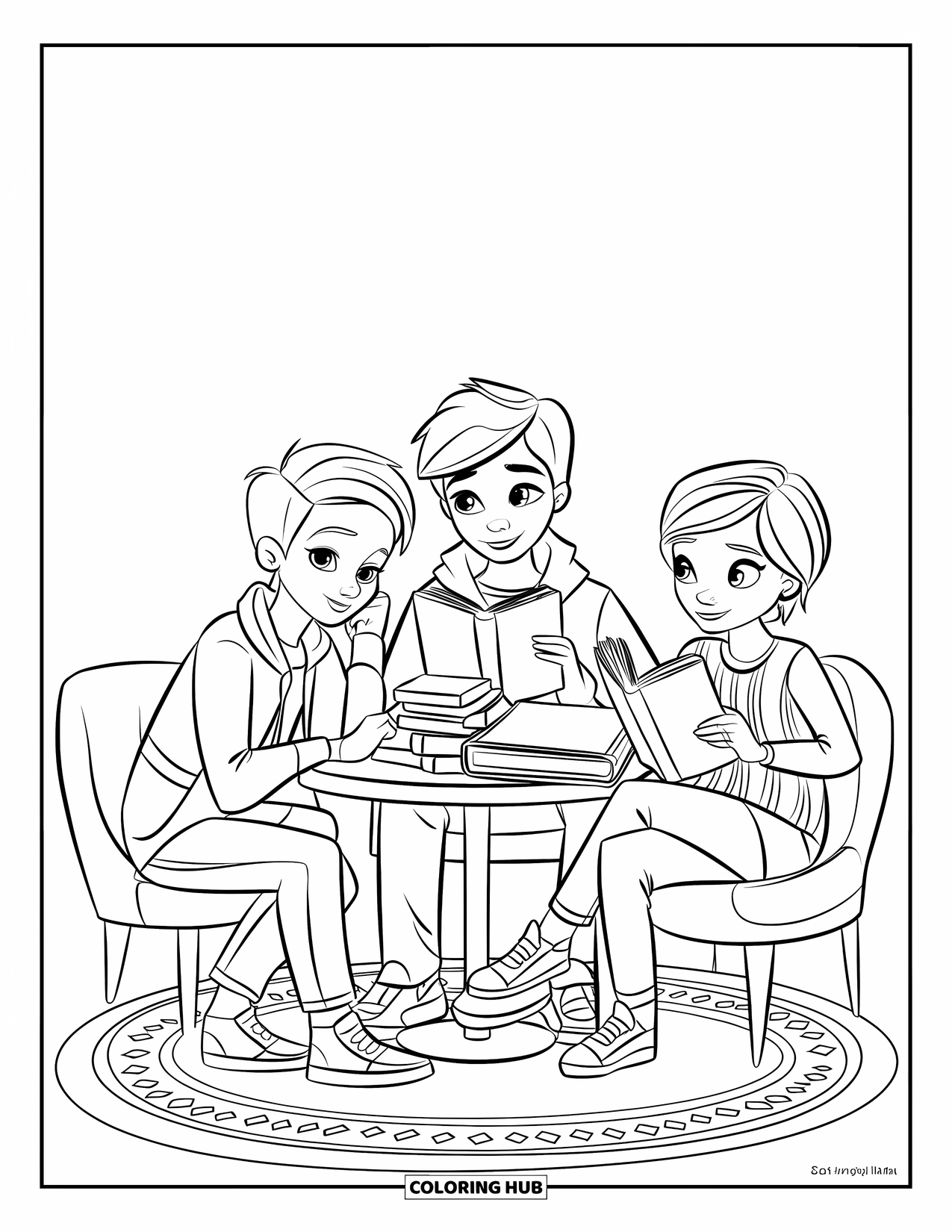 Classroom Coloring Page for Kids: Three teens enjoy reading together around a small table