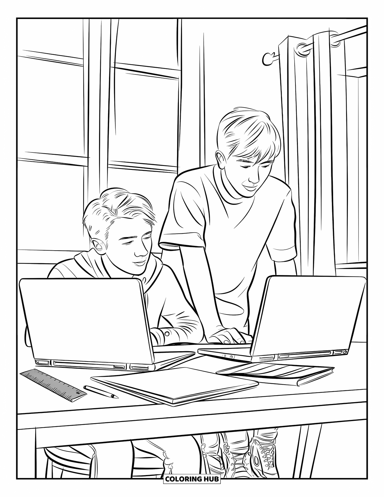 Classroom Coloring Page for Kids: Two teens work together at desks with laptops and notebooks