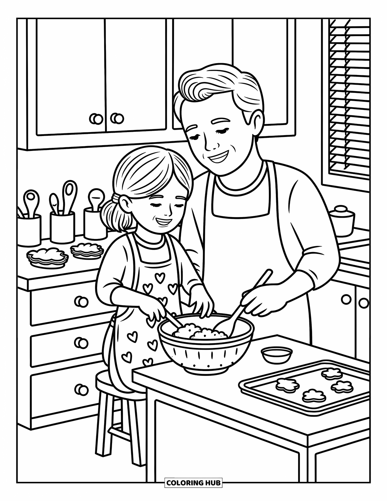 Dad Coloring Page for Adults: A cheerful father and daughter create treats in a cozy kitchen