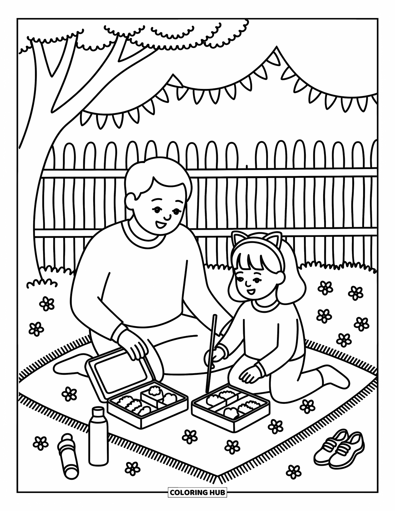 Dad Coloring Page for Adults: A cheerful father and daughter enjoy lunch beneath a tree in bloom