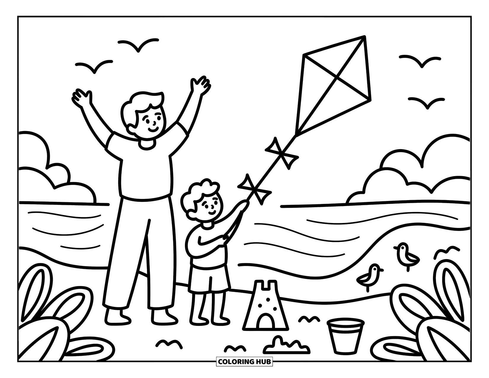 Dad Coloring Page for Adults: A cheerful father and son enjoy kite flying on a sunny seaside day