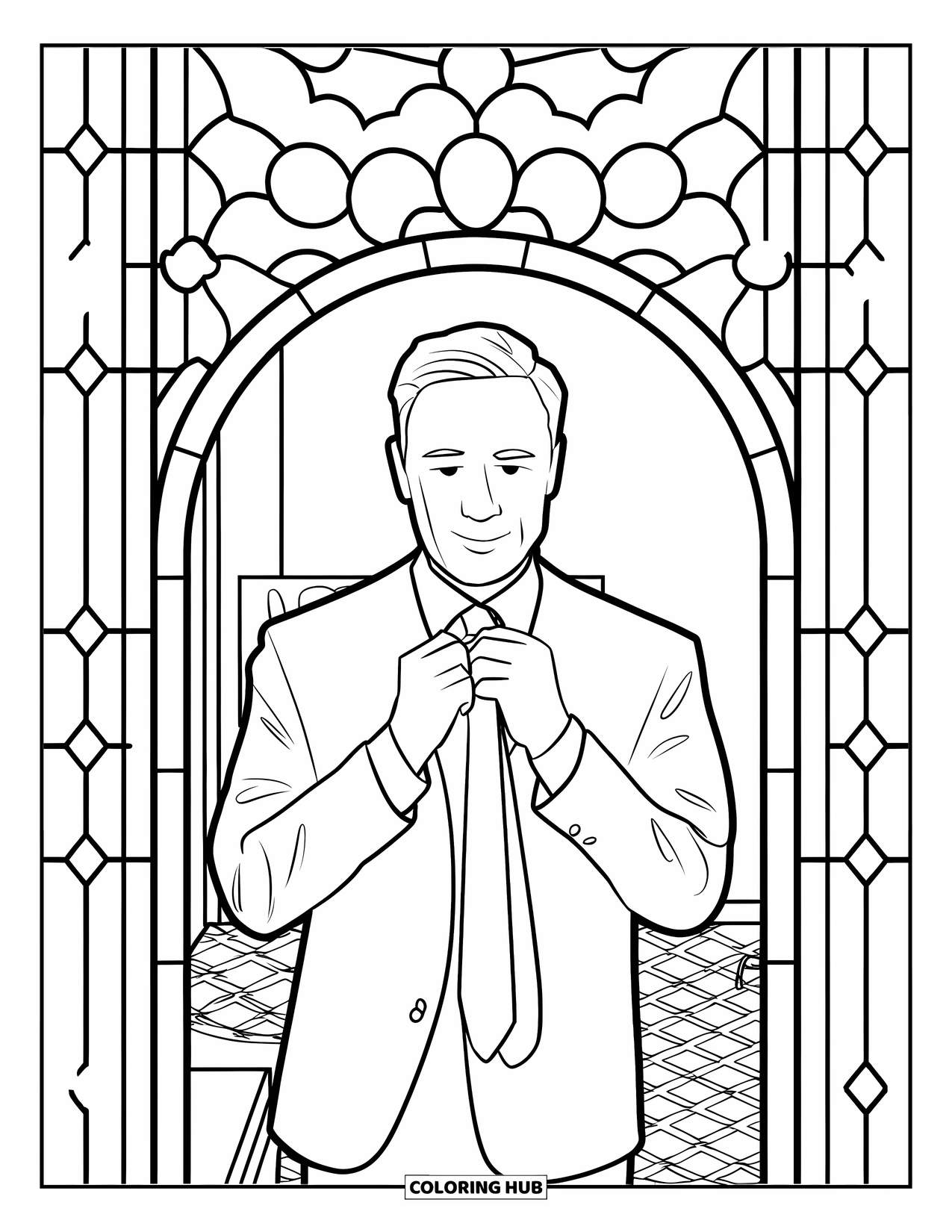 Dad Coloring Page for Adults: A dad adjusts his tie in front of a mirror with elegant designs