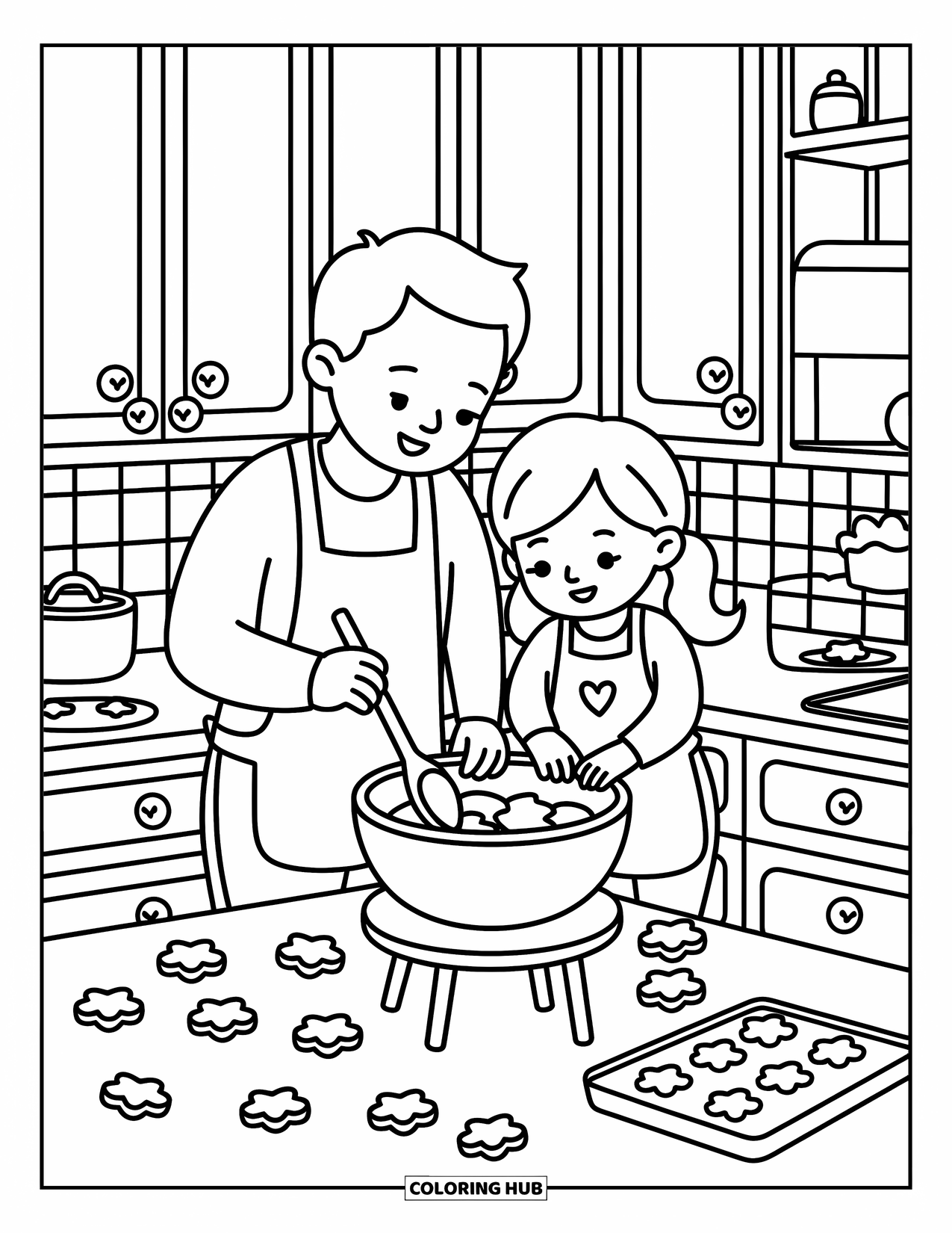Dad Coloring Page for Adults: A dad and daughter bake cookies together in their warm kitchen