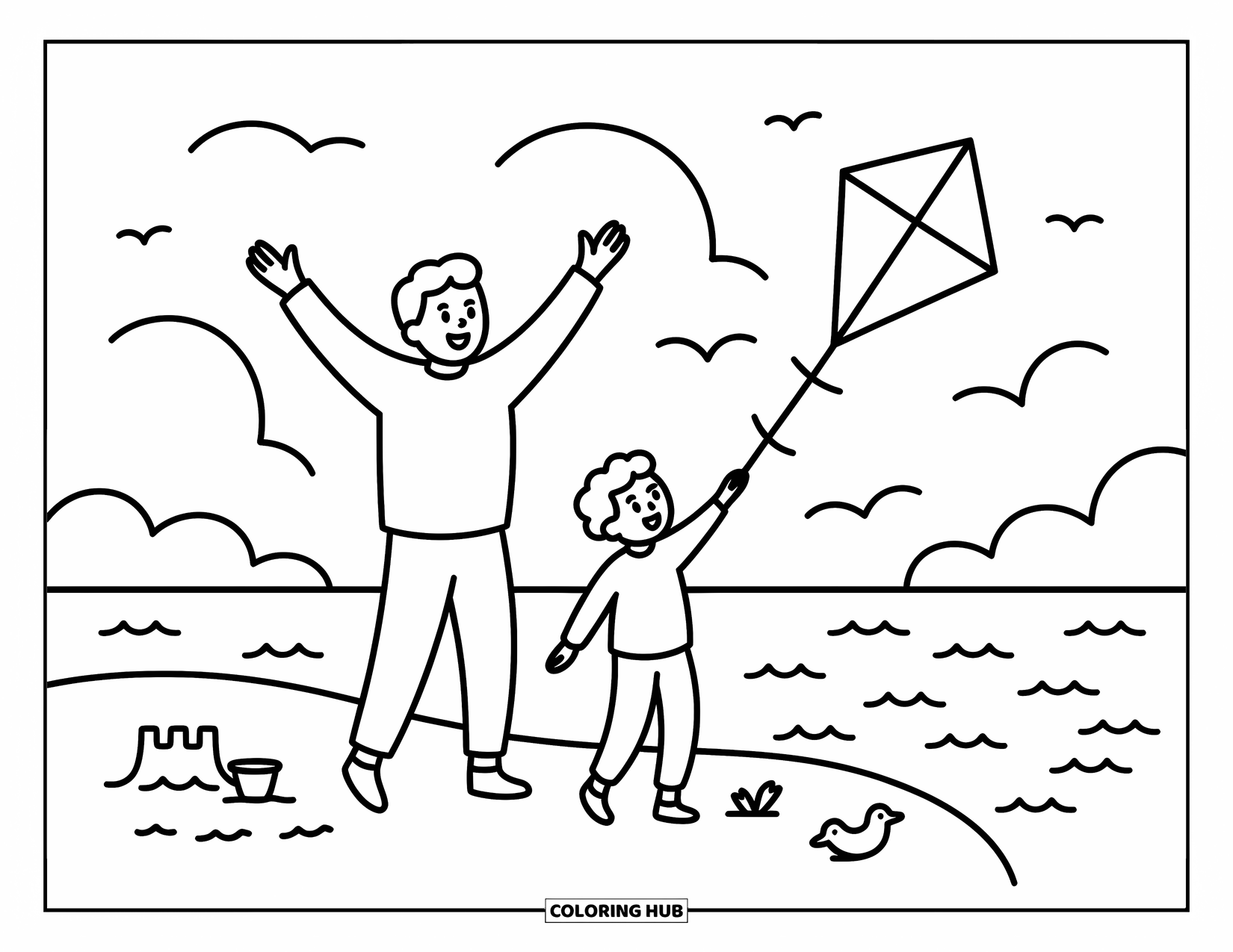 Dad Coloring Page for Adults: A dad and son fly a big kite near gentle ocean waves