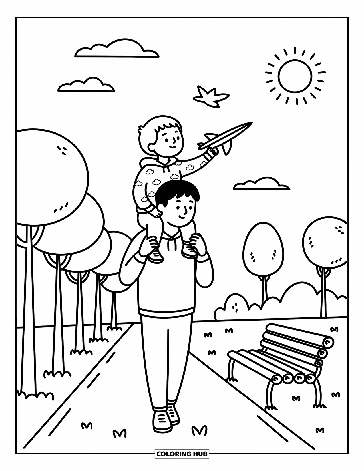Dad Coloring Page for Adults: A dad and son stroll through the park under the morning sun