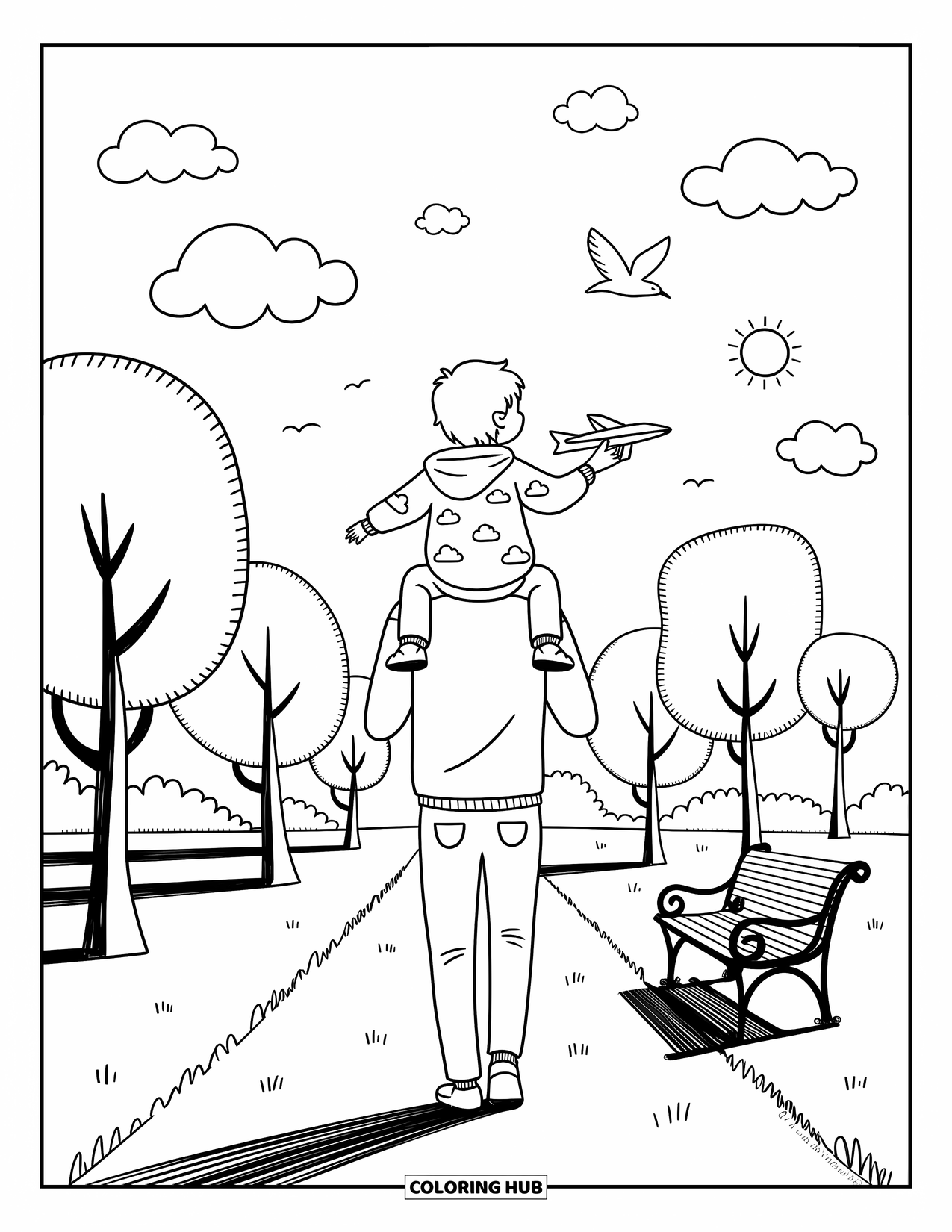 Dad Coloring Page for Adults: A dad carries his son on his shoulders through a sunny park