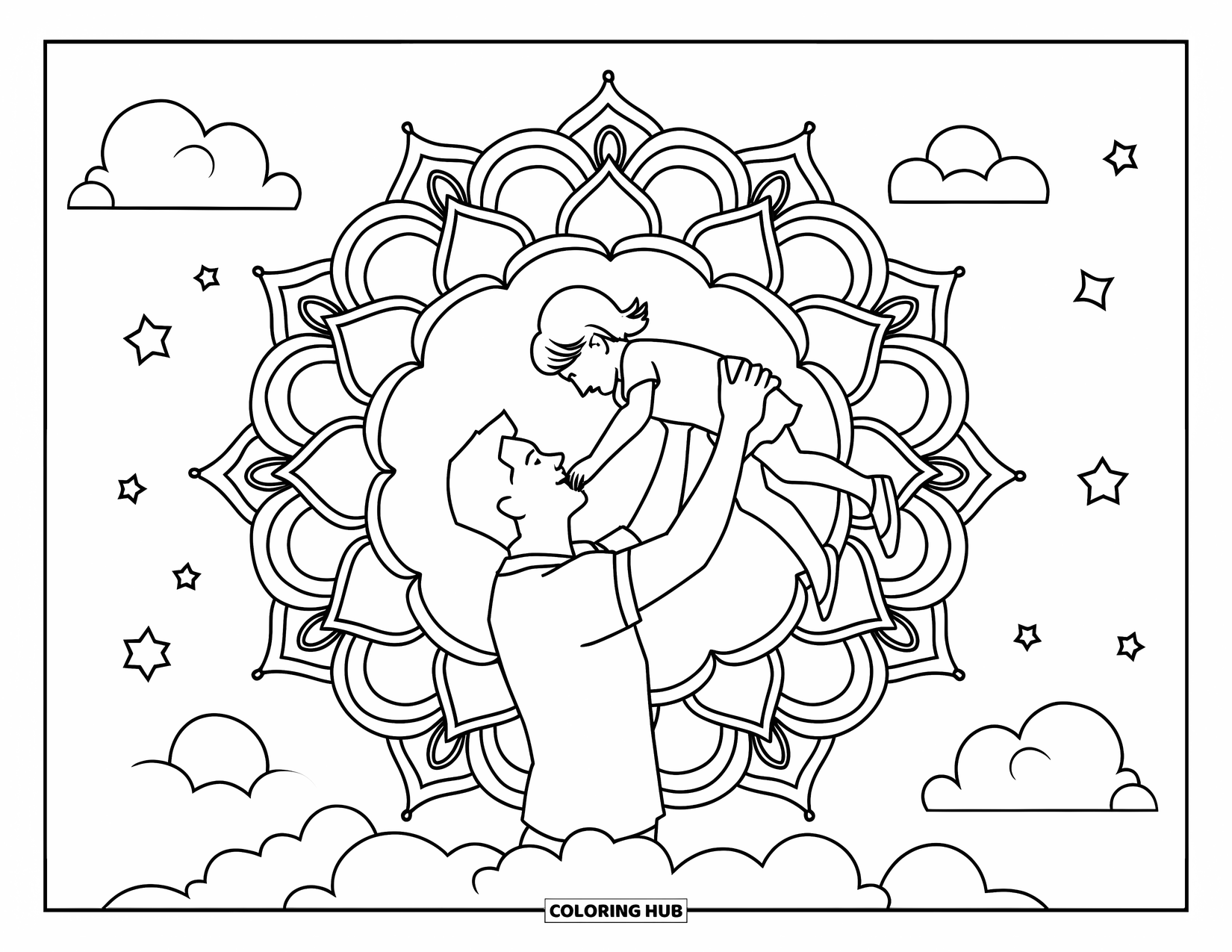 Dad Coloring Page for Adults: A dad lifts his daughter high under a sky of stars and mandala clouds
