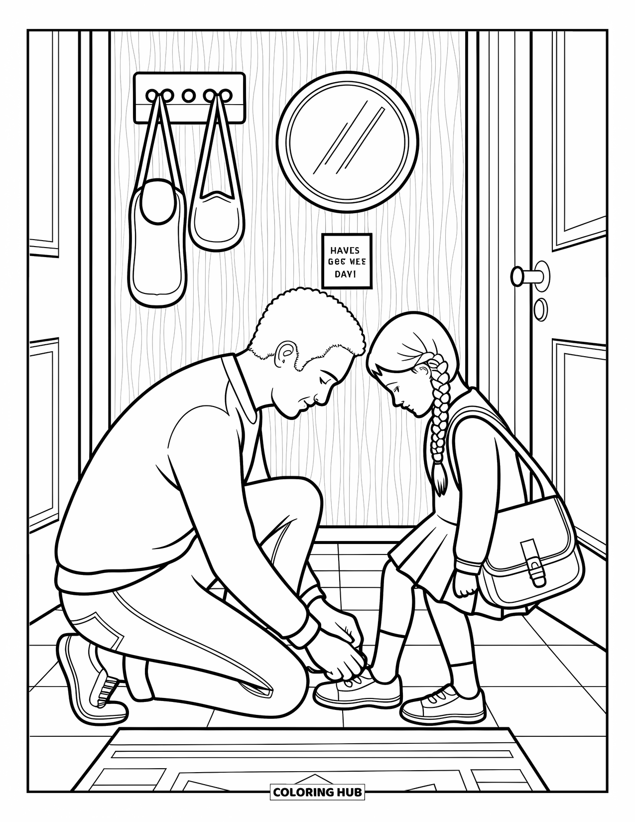 Dad Coloring Page for Adults: A dad ties his daughterís shoes as sunlight fills their hallway