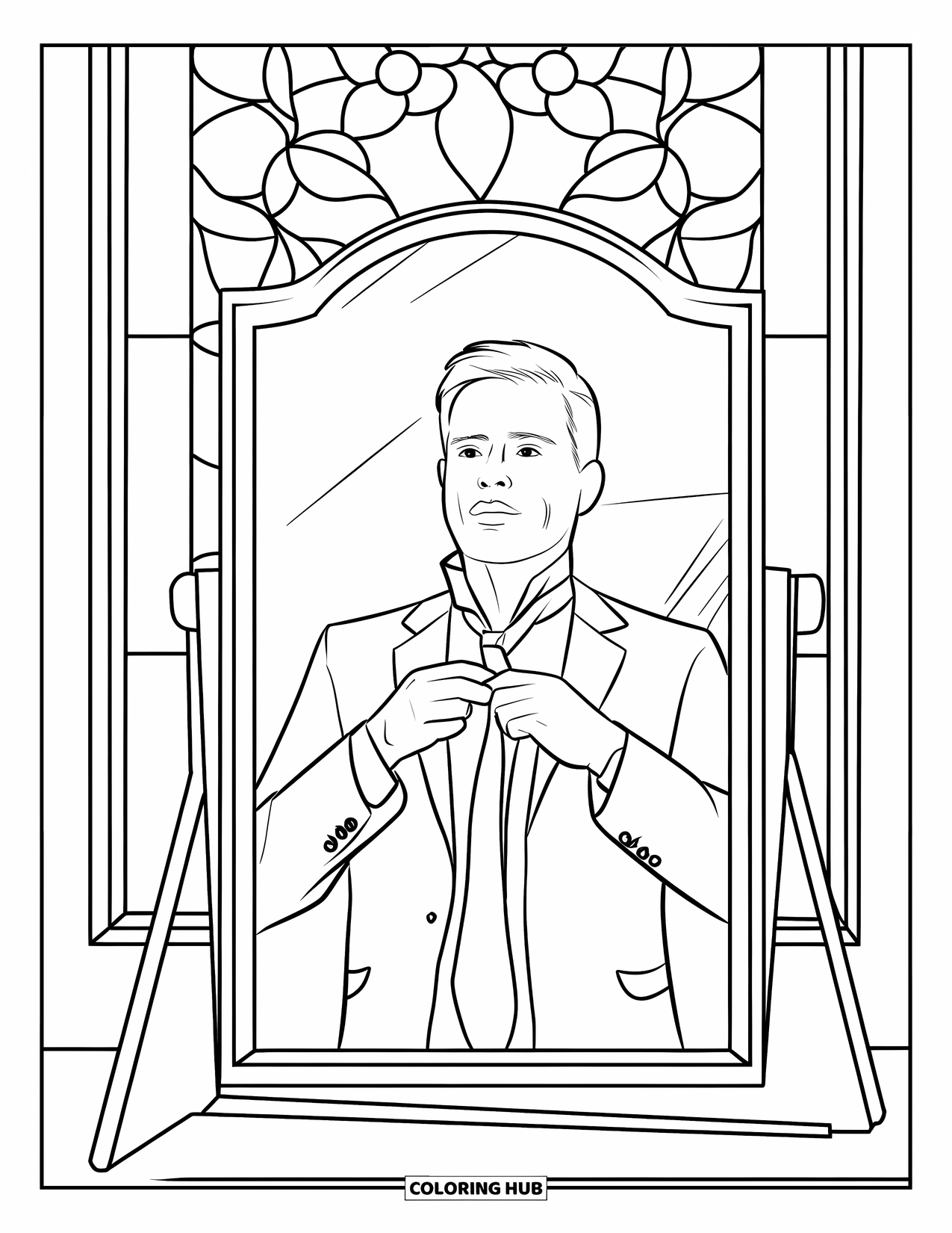Dad Coloring Page for Adults: A dad ties his tie in the mirror framed by floral stained glass