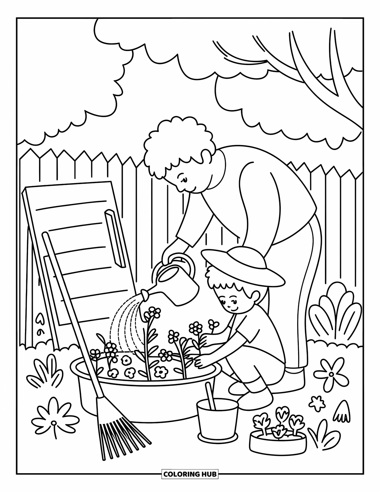 Dad Coloring Page for Adults: A dad waters flowers while his son helps with small plants