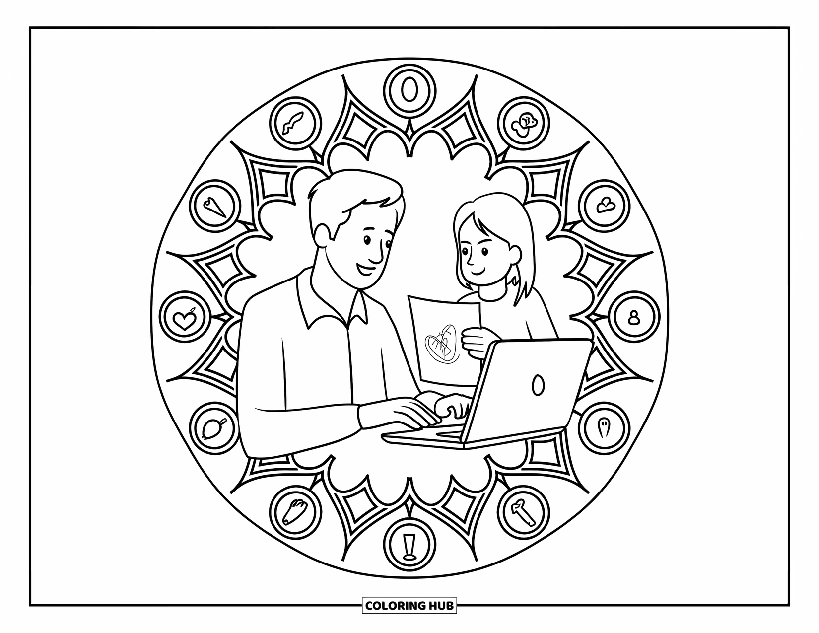 Dad Coloring Page for Adults: A dad works on his laptop while his daughter proudly shows him her drawing