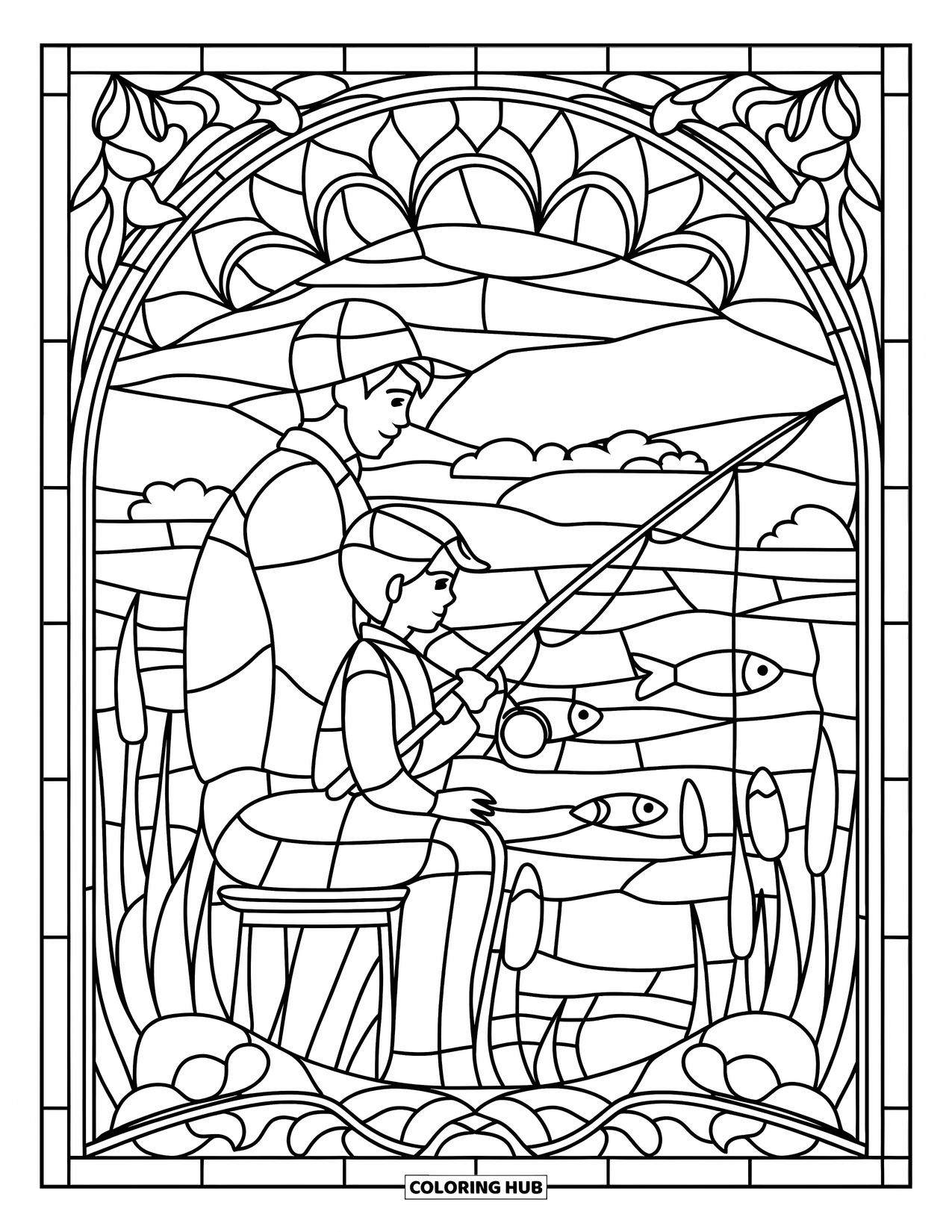 Dad Coloring Page for Adults: A father and son fish by the lake surrounded by detailed patterns